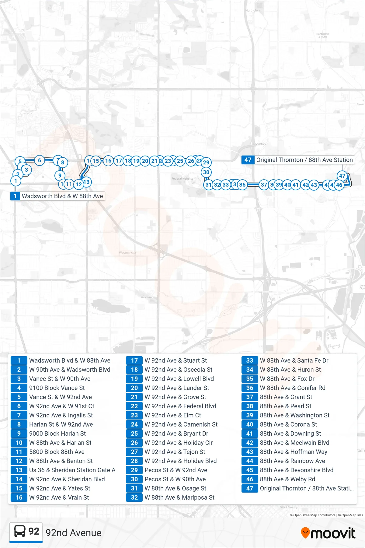92 bus Line (Original Thornton & 88th Ave Stn Via 92nd Ave) route and stops on a map