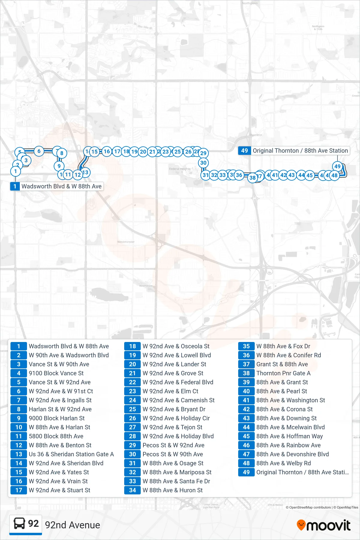 92 bus Line (Original Thornton & 88th Ave Stn Via Thornton Pnr) route and stops on a map