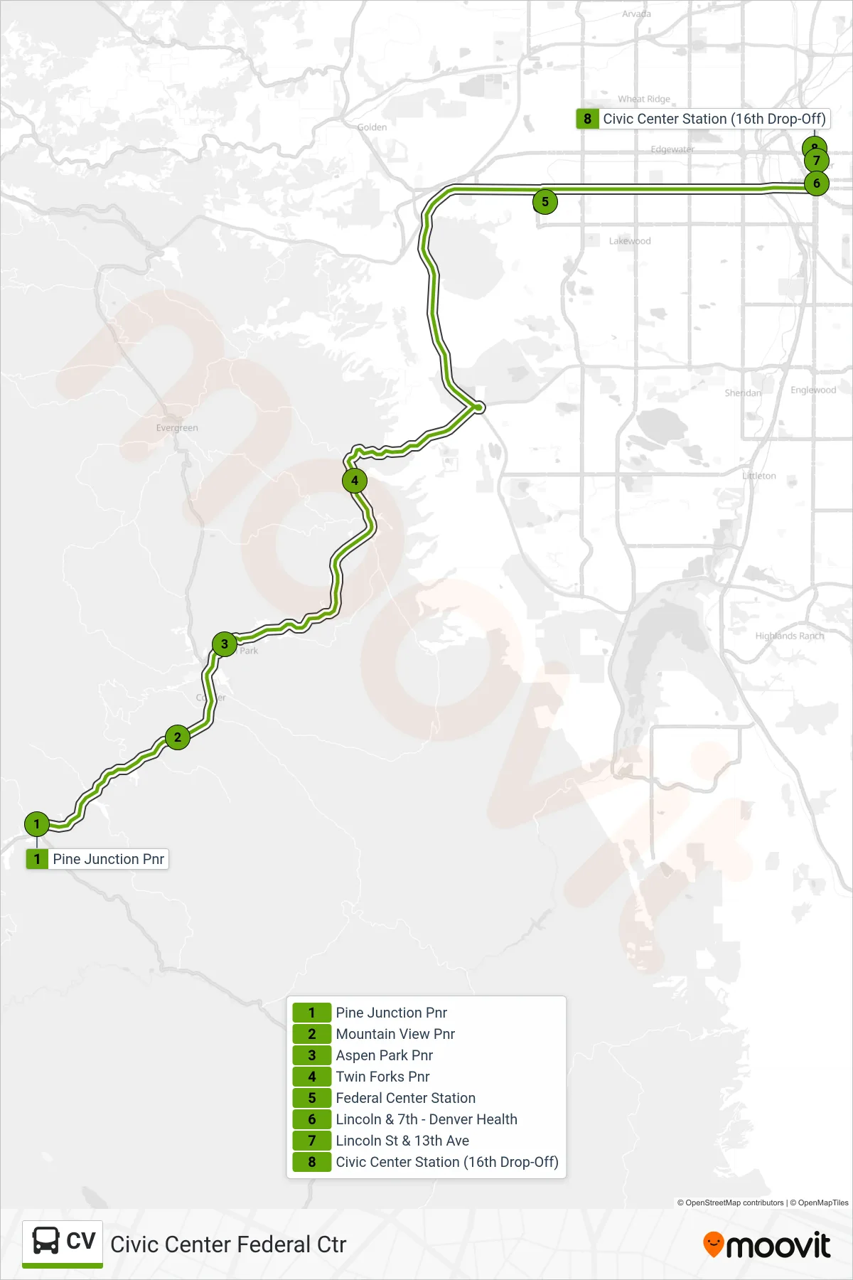 CV bus Line (Civic Center Federal Ctr) route and stops on a map