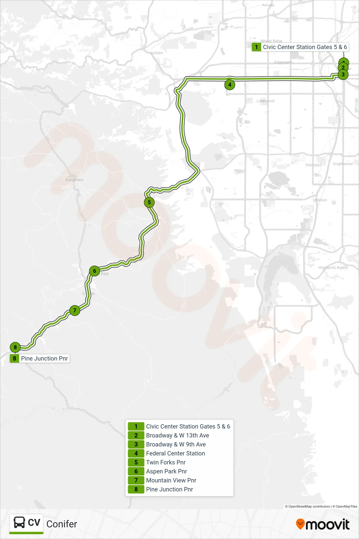 CV bus Line (Conifer) route and stops on a map