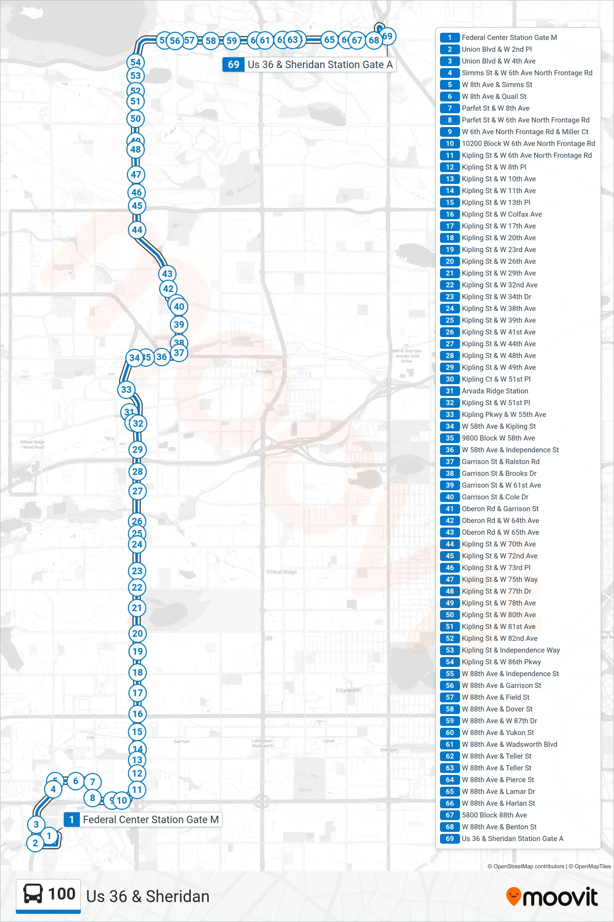 100 bus Line (Us 36 & Sheridan) route and stops on a map
