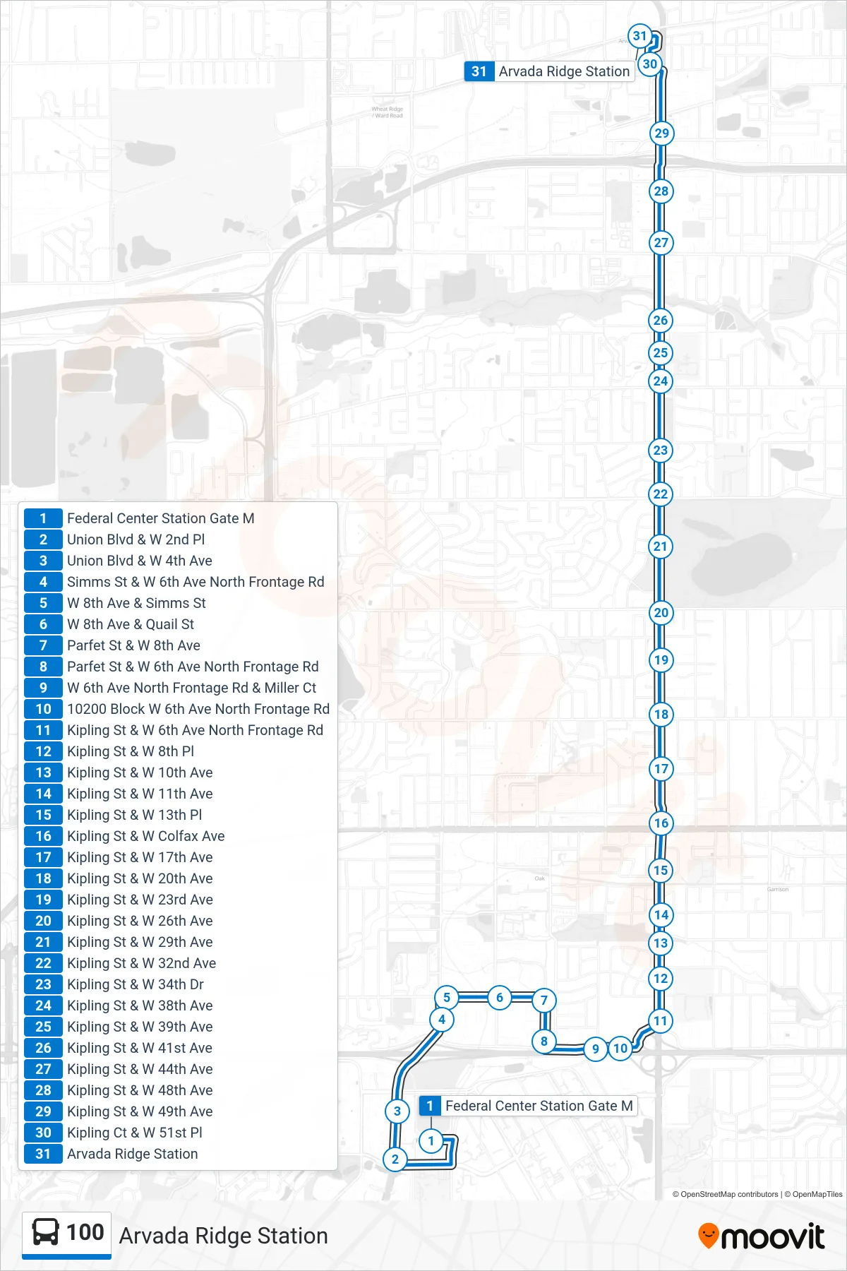 100 bus Line (Arvada Ridge Station) route and stops on a map