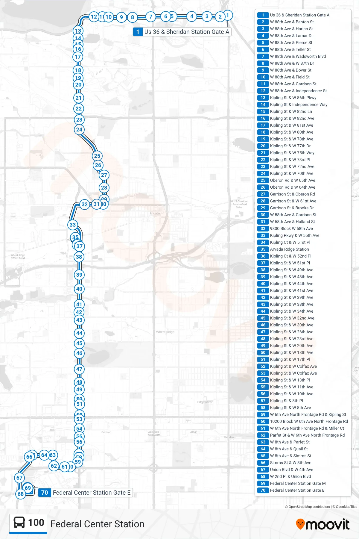 100 bus Line (Federal Center Station) route and stops on a map