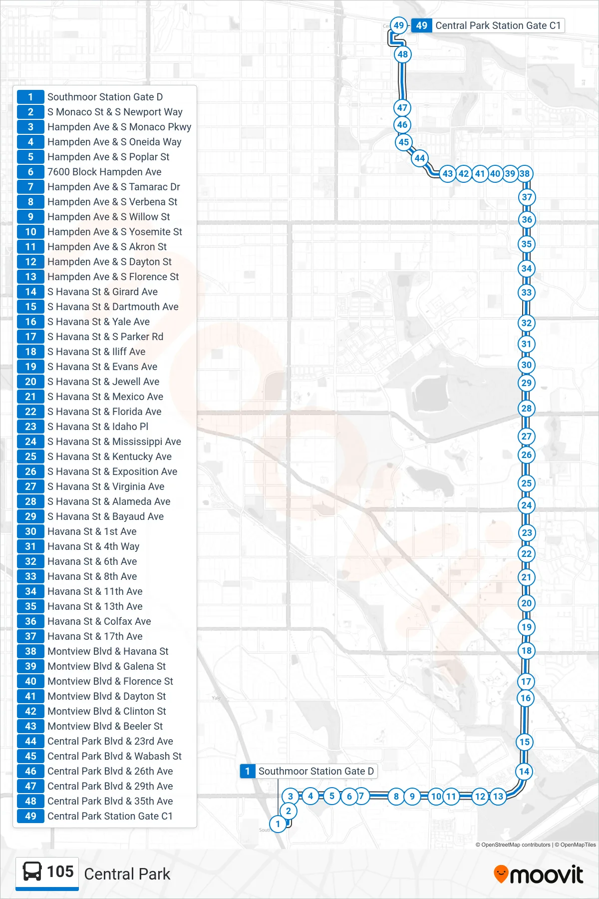 105 bus Line (Central Park) route and stops on a map