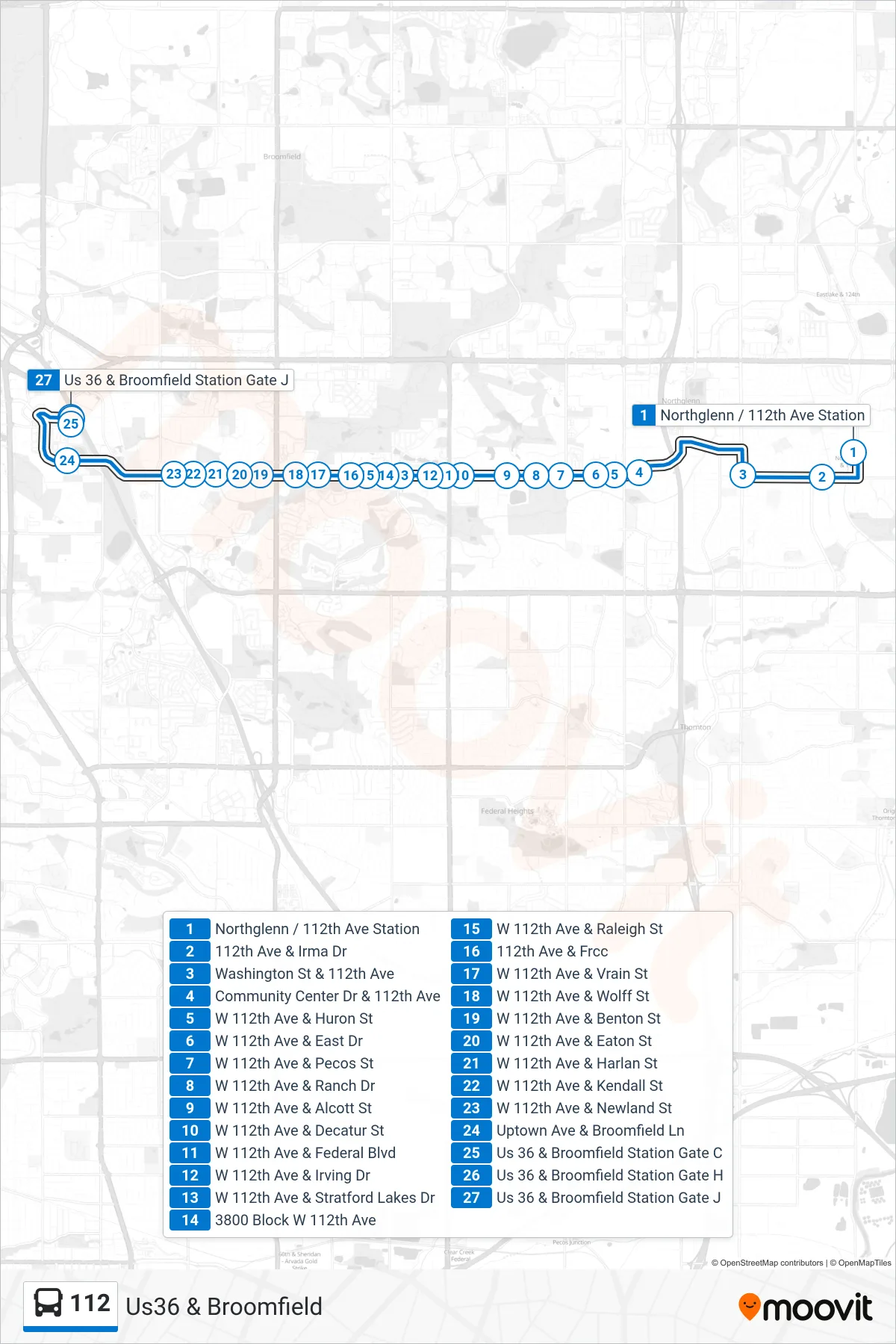 112 bus Line (Us36 & Broomfield) route and stops on a map