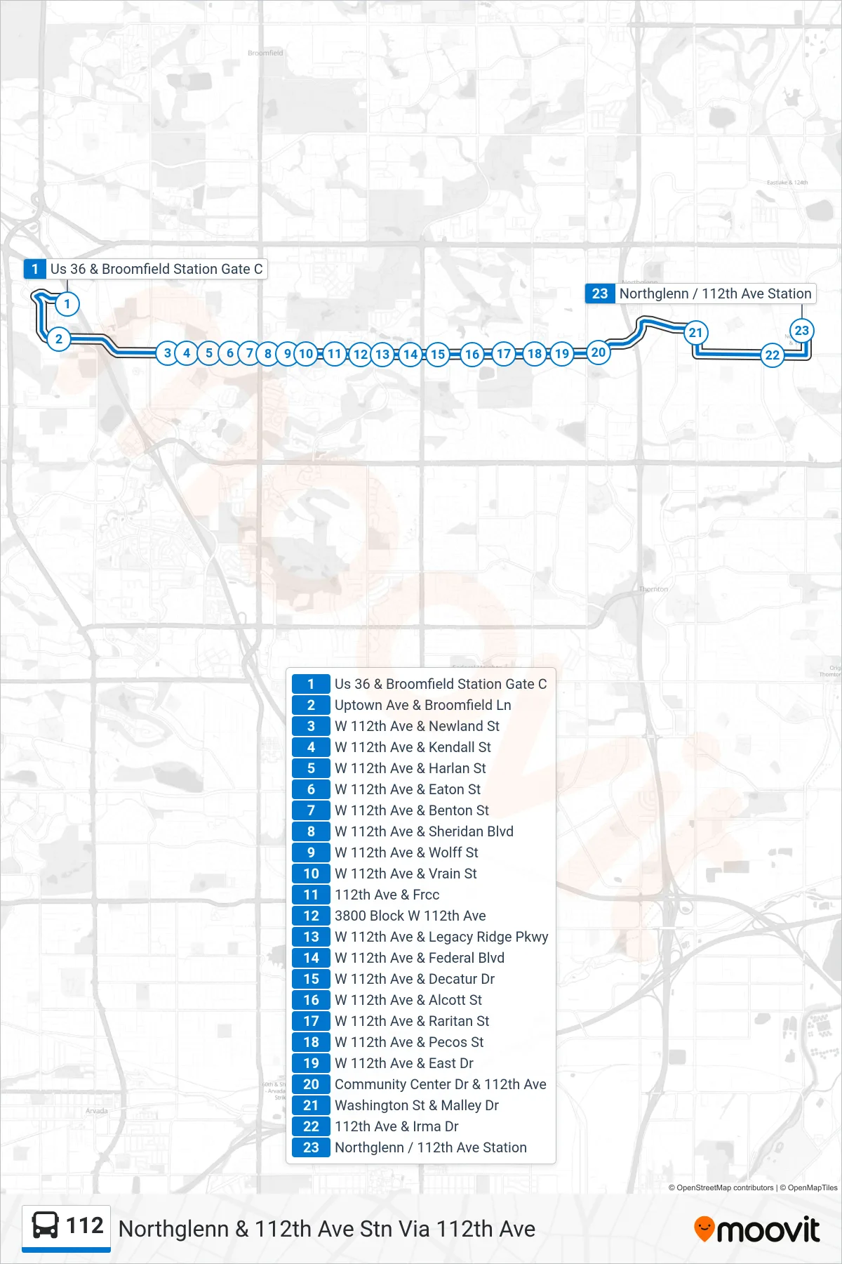 112 bus Line (Northglenn & 112th Ave Stn Via 112th Ave) route and stops on a map