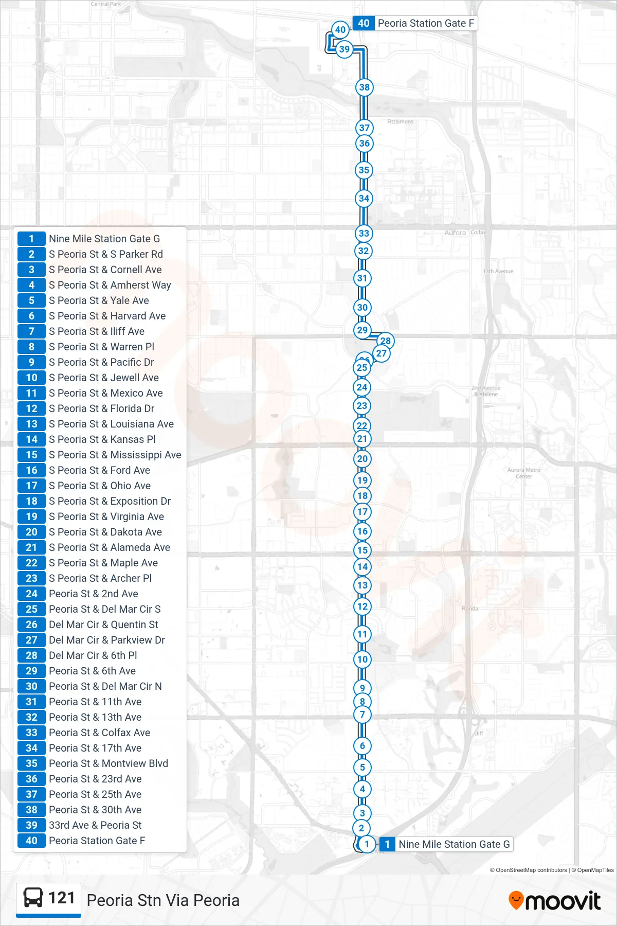 121 bus Line (Peoria Stn Via Peoria) route and stops on a map
