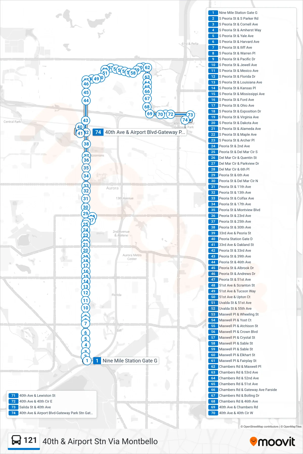 121 bus Line (40th & Airport Stn Via Montbello) route and stops on a map