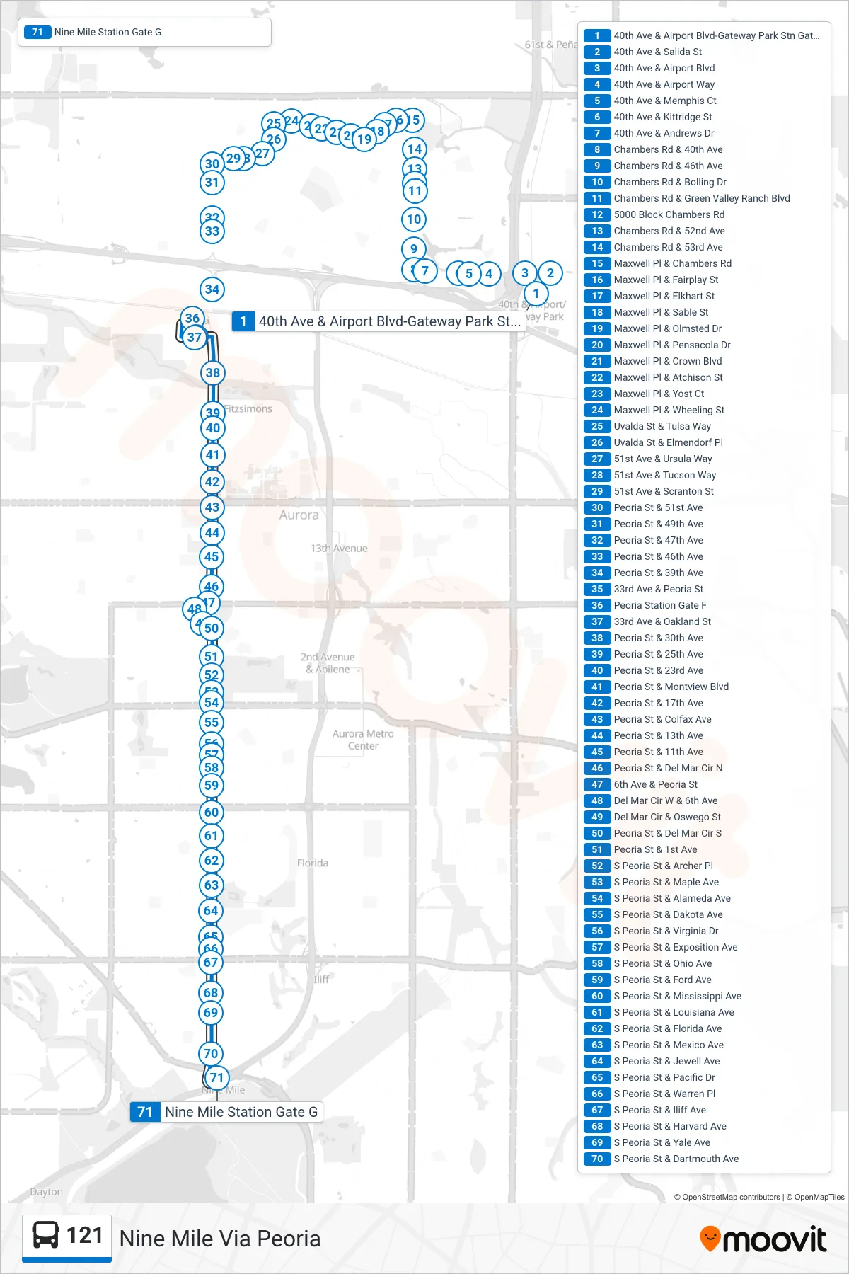 121 bus Line (Nine Mile Via Peoria) route and stops on a map