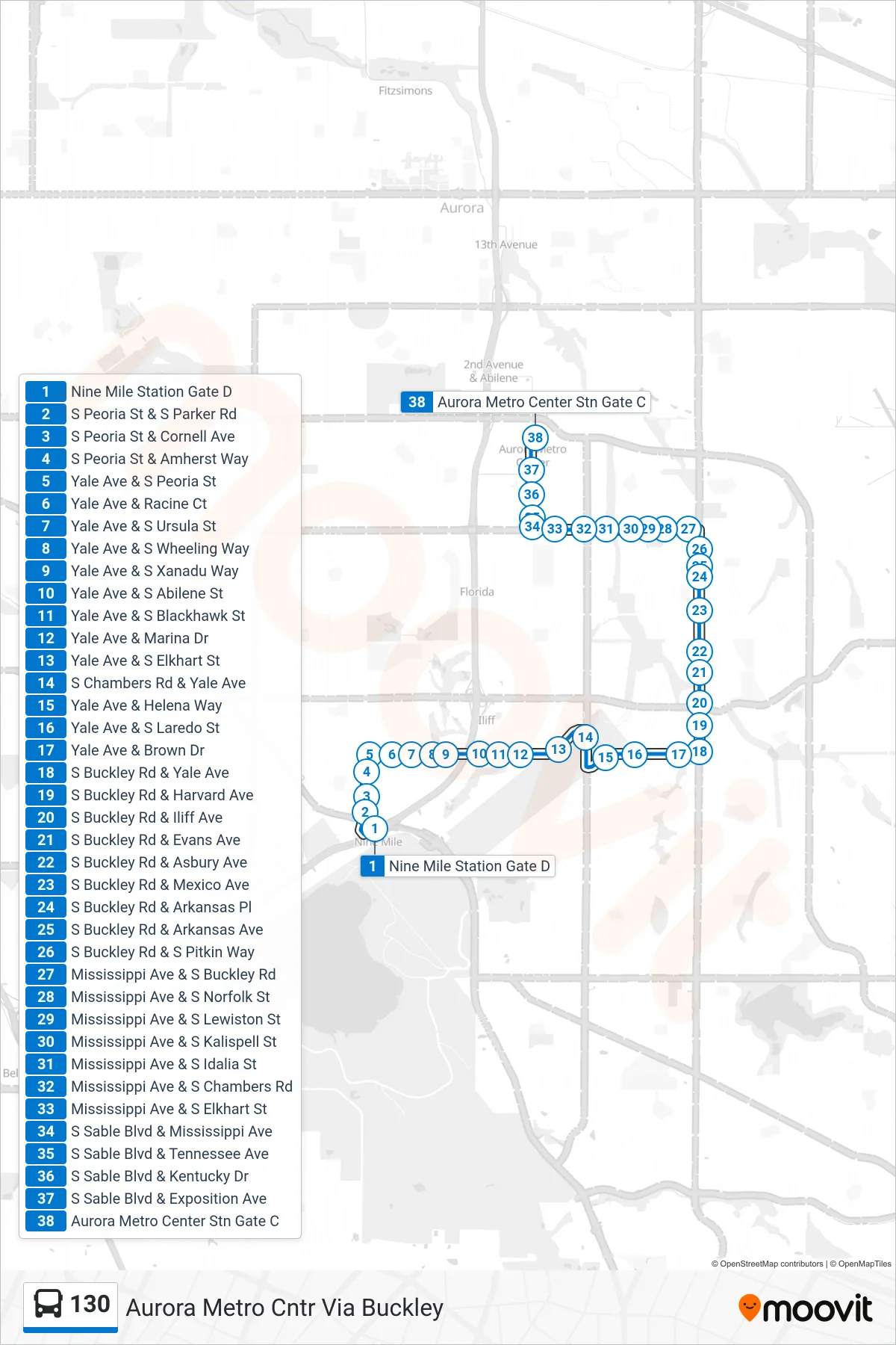 130 bus Line (Aurora Metro Cntr Via Buckley) route and stops on a map