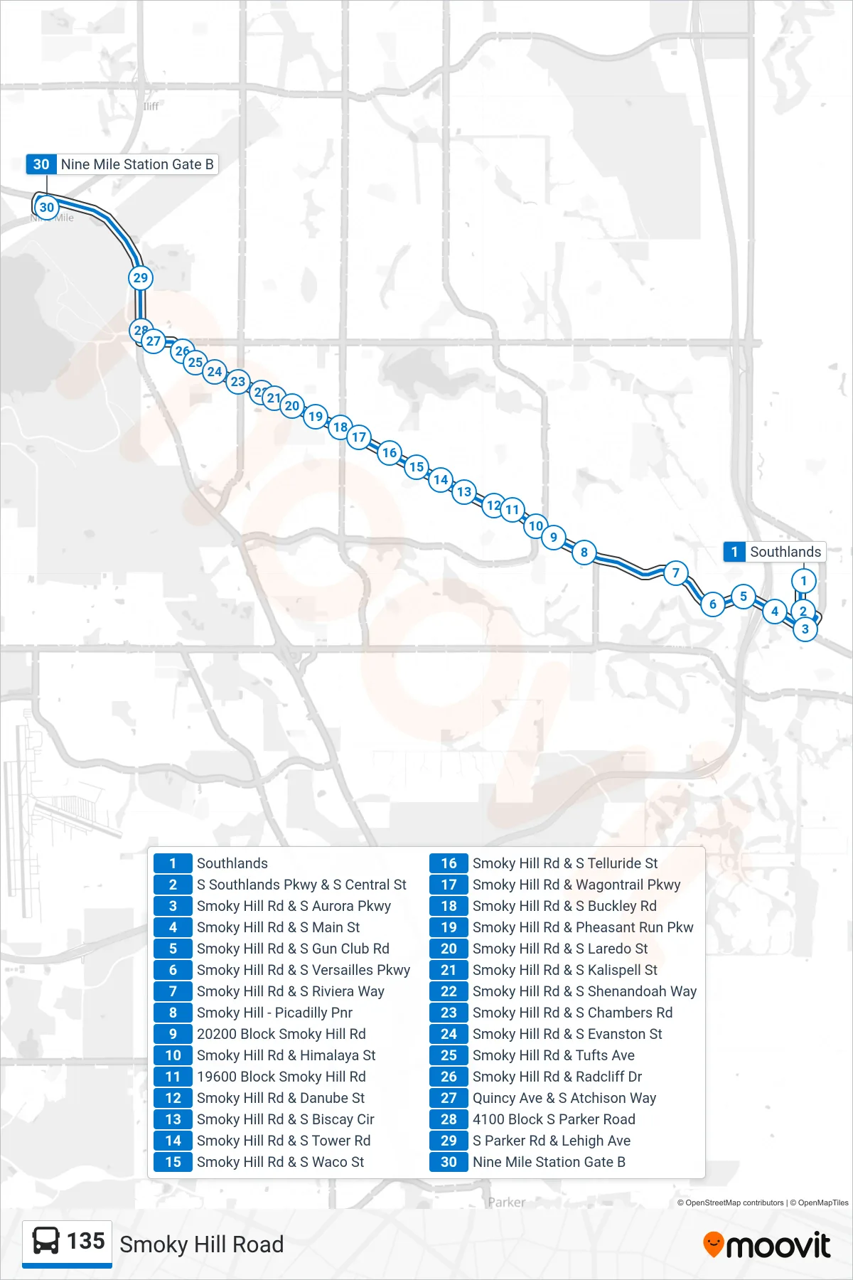 135 bus Line (Nine Mile Stn Via Smoky Hill) route and stops on a map