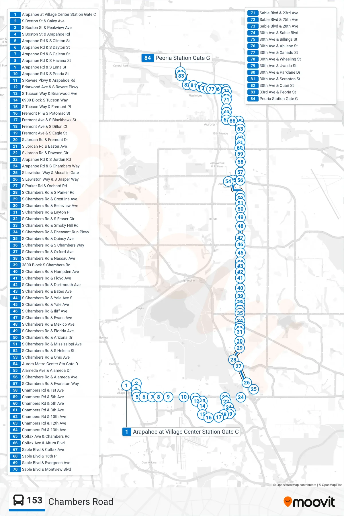 153 bus Line (Peoria Stn Via Chambers) route and stops on a map