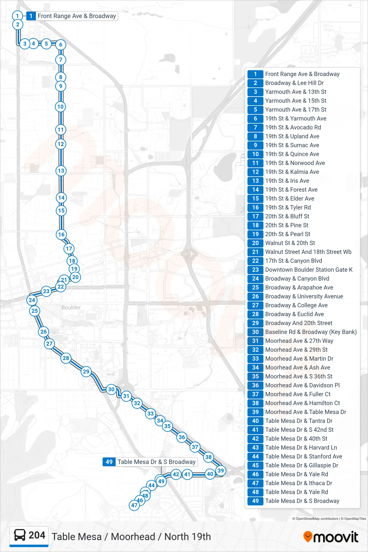 204 bus Line (Table Mesa/Broadway) route and stops on a map