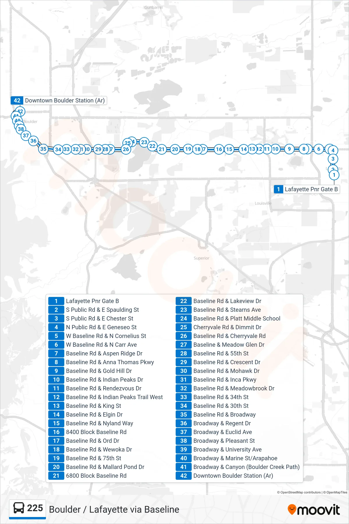 225 bus Line (Dtwn Boulder) route and stops on a map