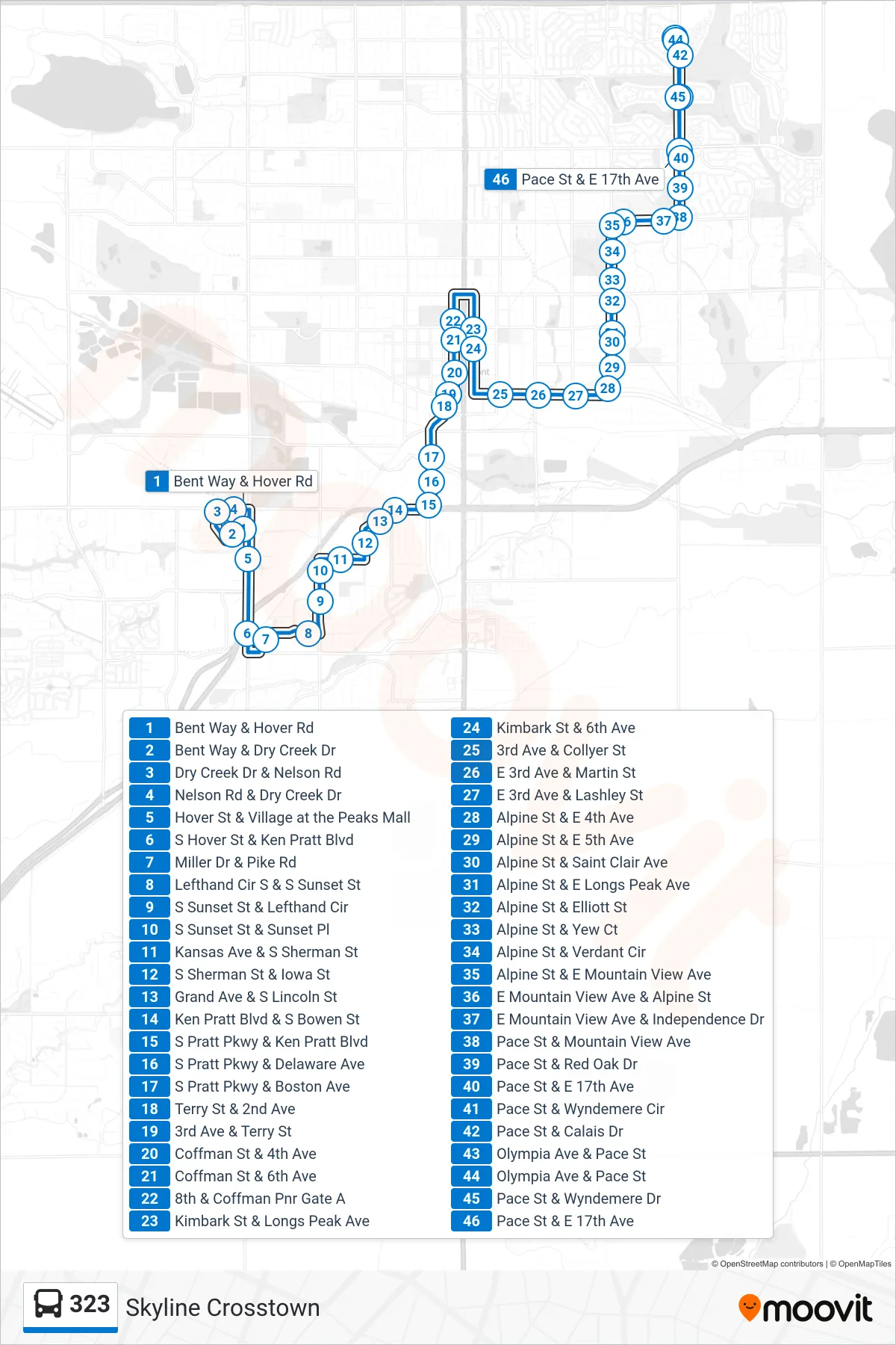 323 bus Line (Pace/17th 323 Free) route and stops on a map