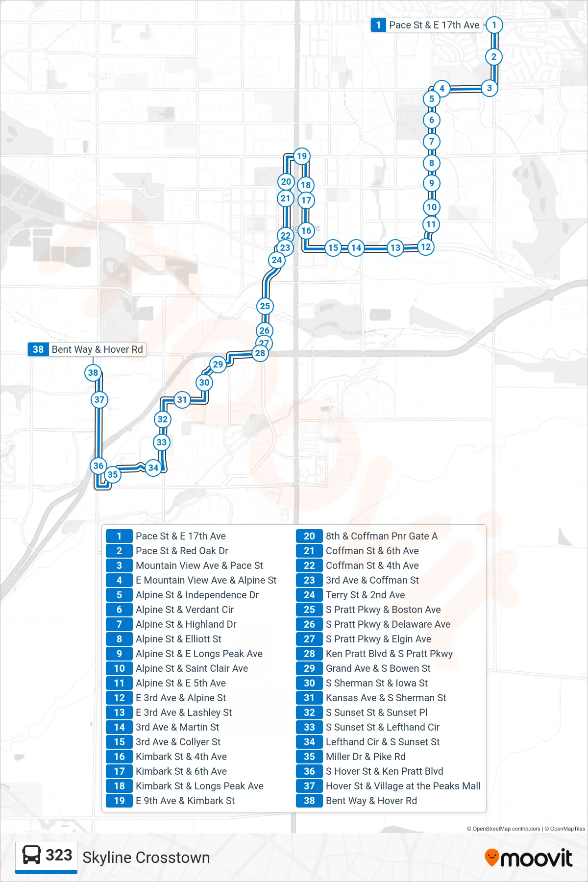 323 bus Line (Bent/Hover 323 Free) route and stops on a map