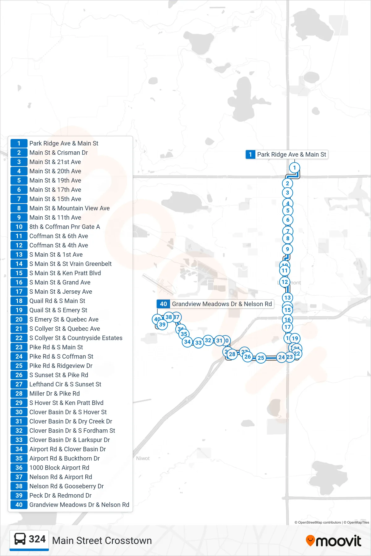 324 bus Line (Grandview Meadows 324 Nelson 324 Free) route and stops on a map