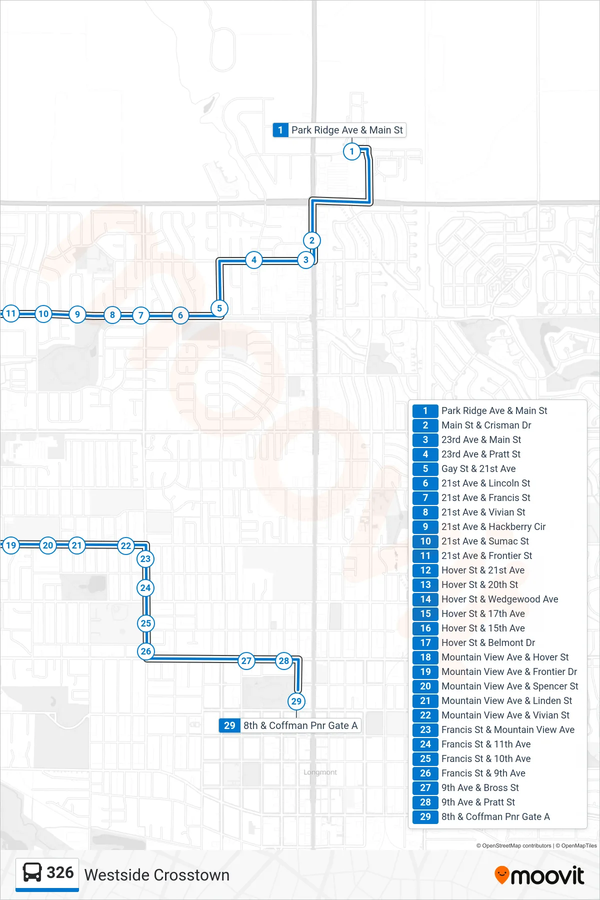 326 bus Line (8th/Coffman) route and stops on a map