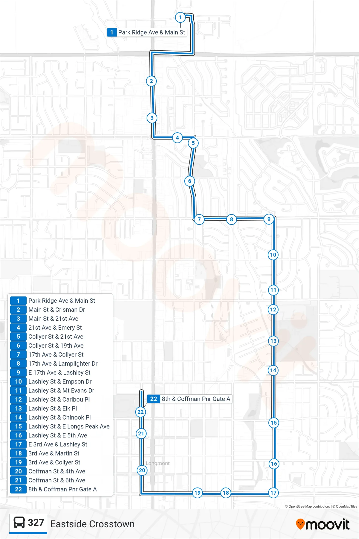 327 bus Line (8th/Coffman) route and stops on a map