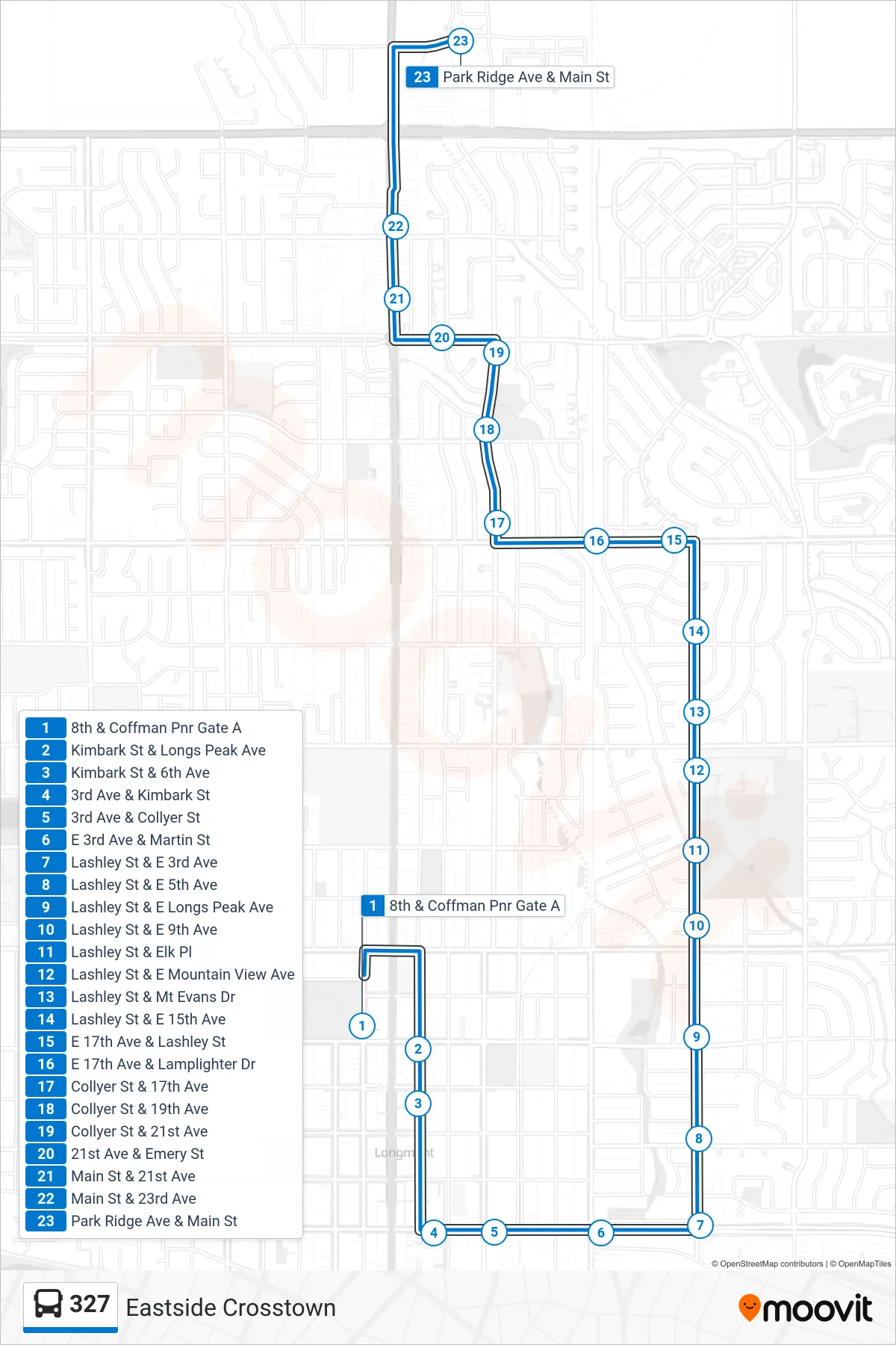 327 bus Line (Park Ridge 327 Main 327 Free) route and stops on a map