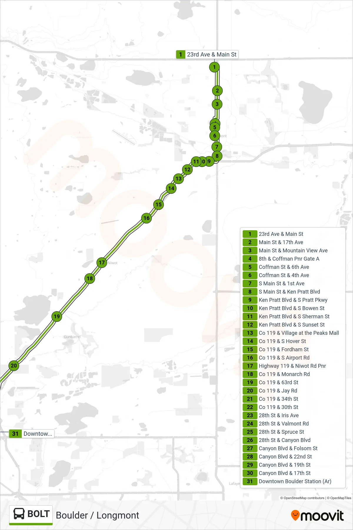 BOLT bus Line (Dtwn Boulder) route and stops on a map