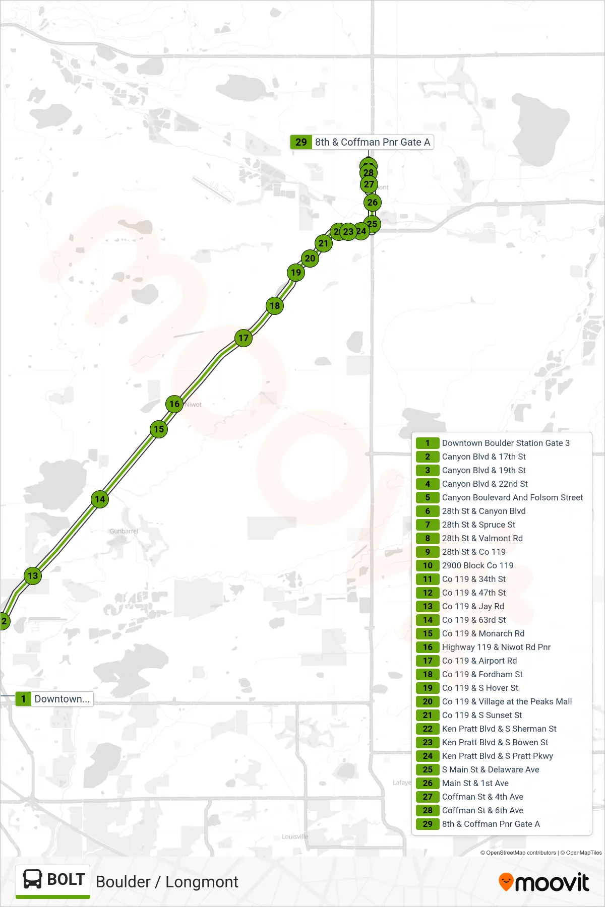 BOLT bus Line (8th/Coffman) route and stops on a map