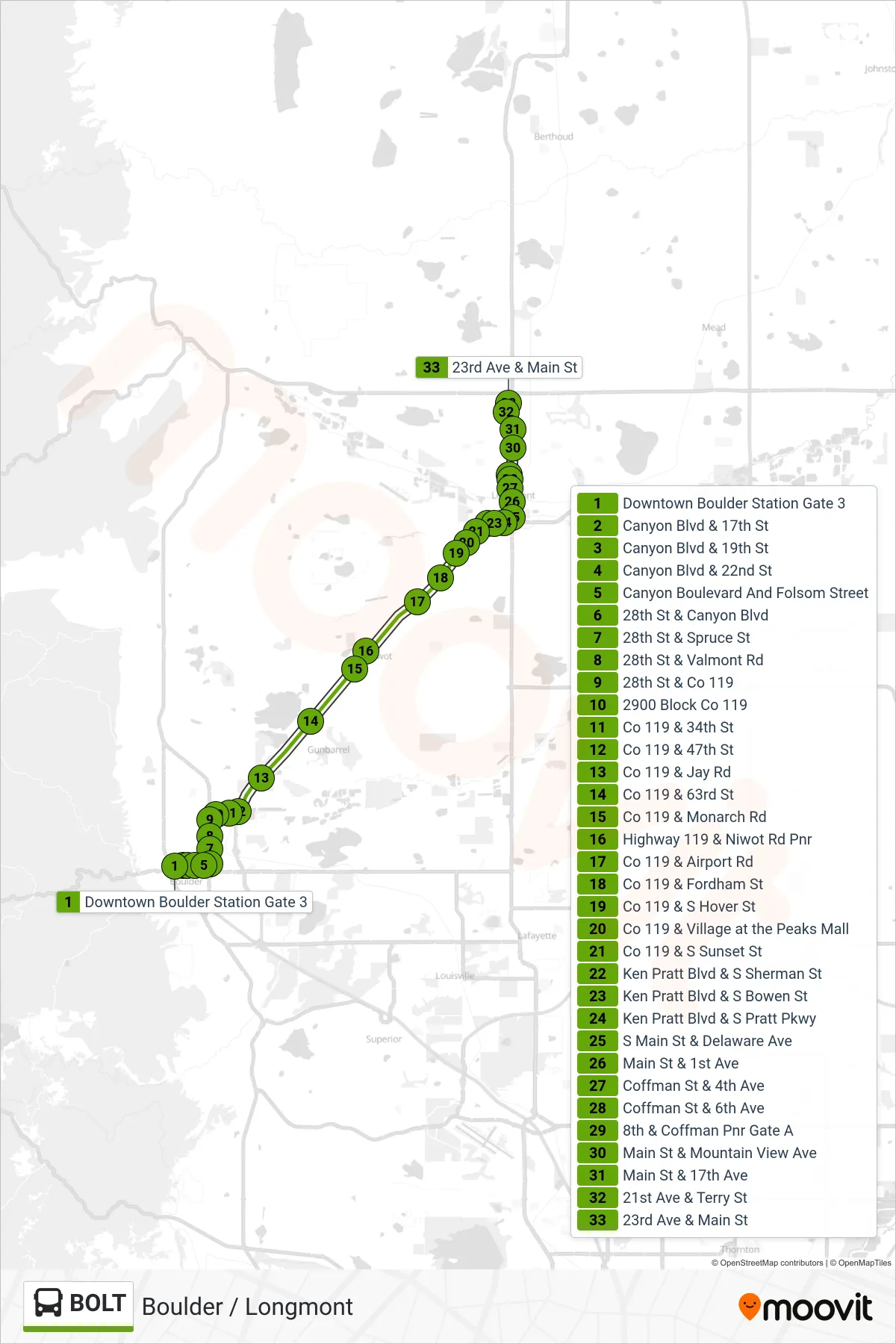 BOLT bus Line (23rd/Main) route and stops on a map