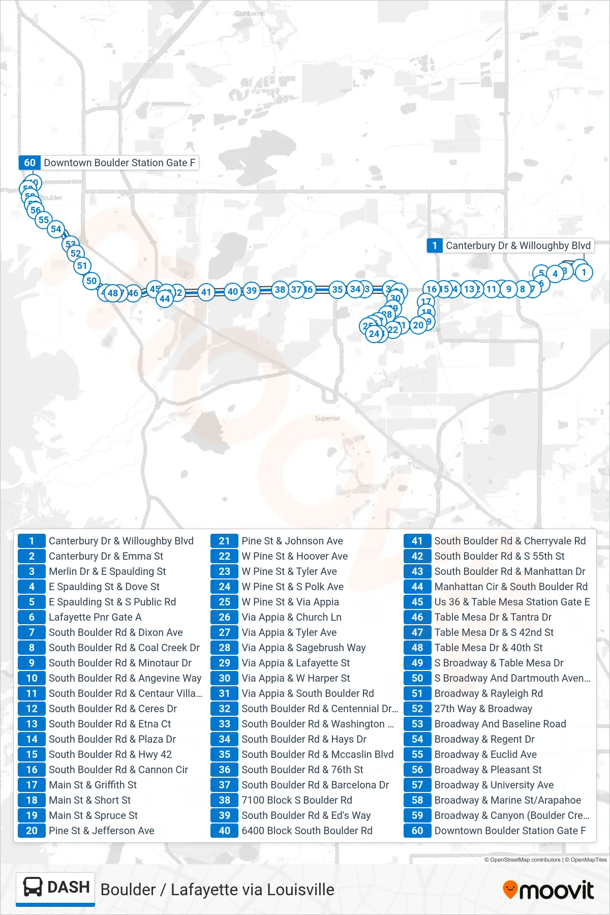 DASH bus Line (Dtwn Boulder) route and stops on a map