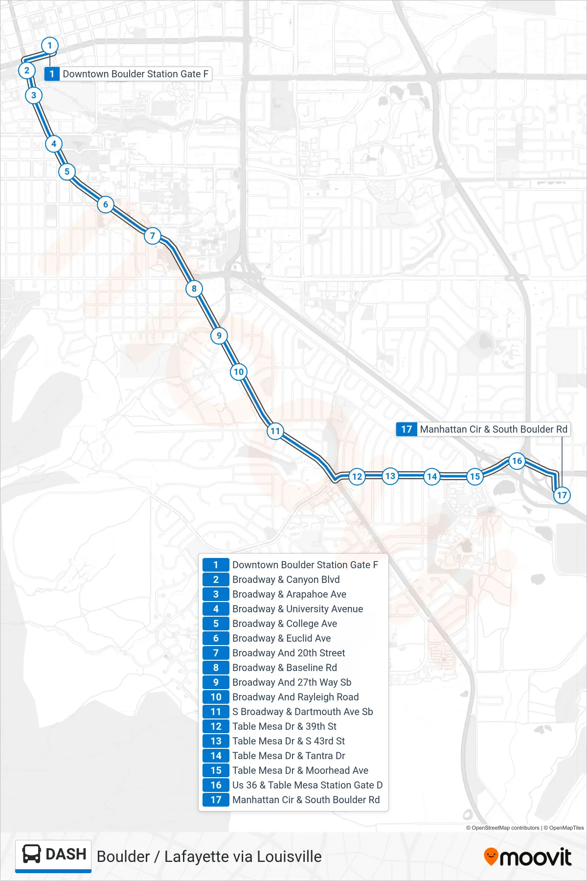 DASH bus Line (Manhattan Dash S Bldr Rd) route and stops on a map