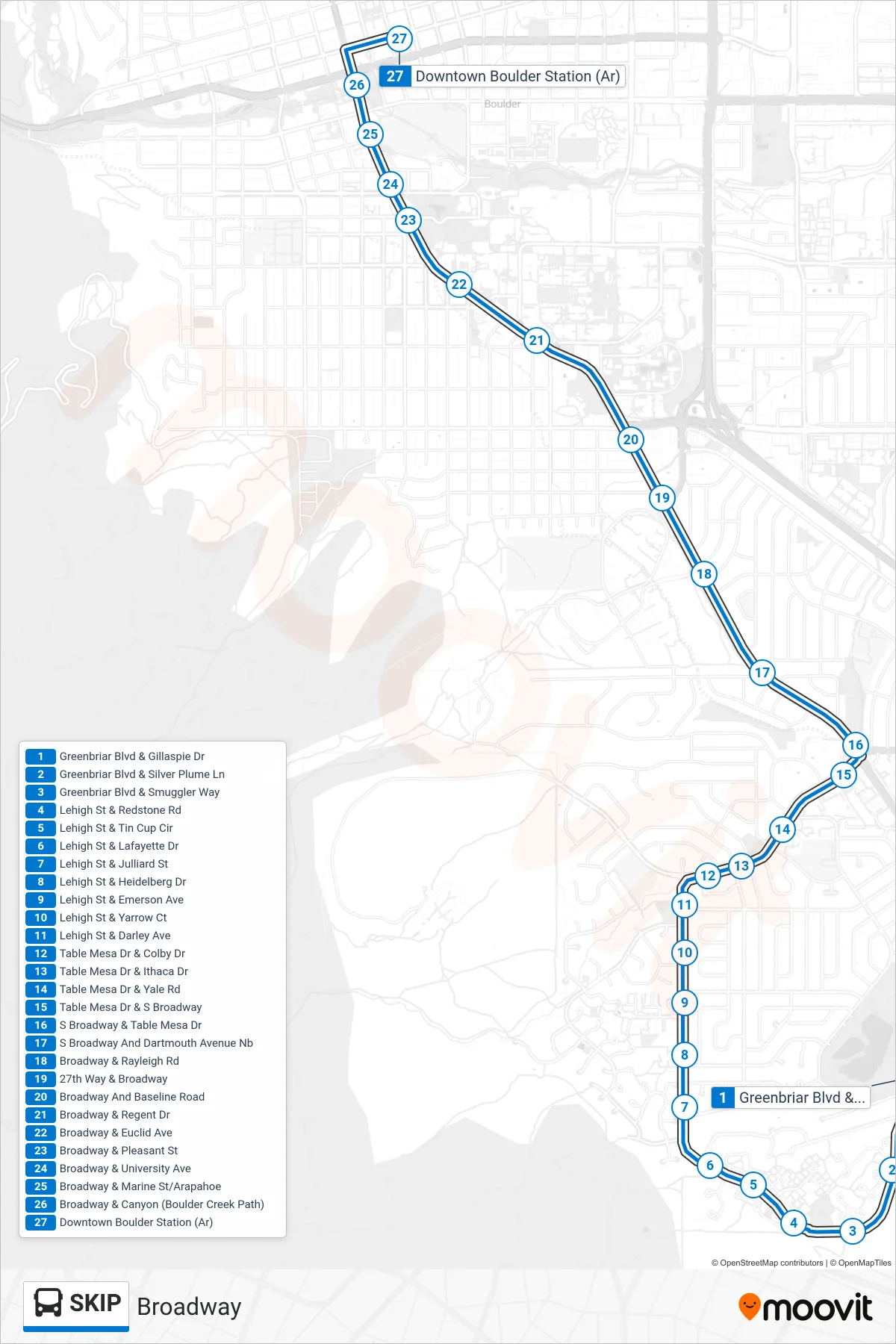 SKIP bus Line (Dtwn Boulder) route and stops on a map