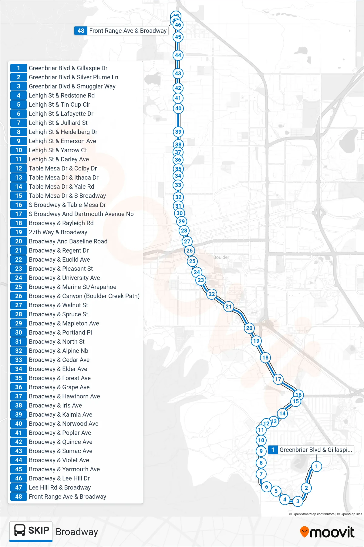 SKIP bus Line (Front Range/Broadway) route and stops on a map