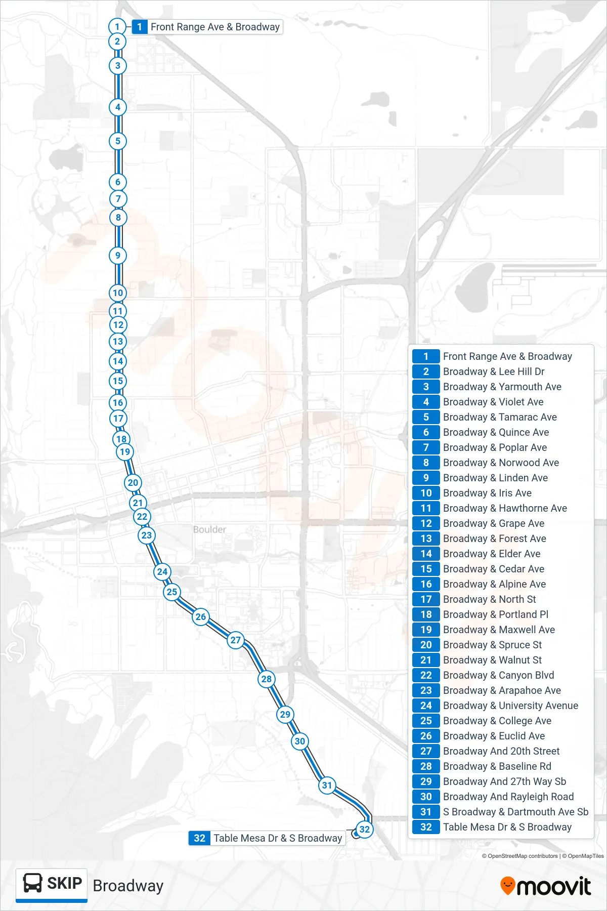 SKIP bus Line (Table Mesa/Broadway) route and stops on a map