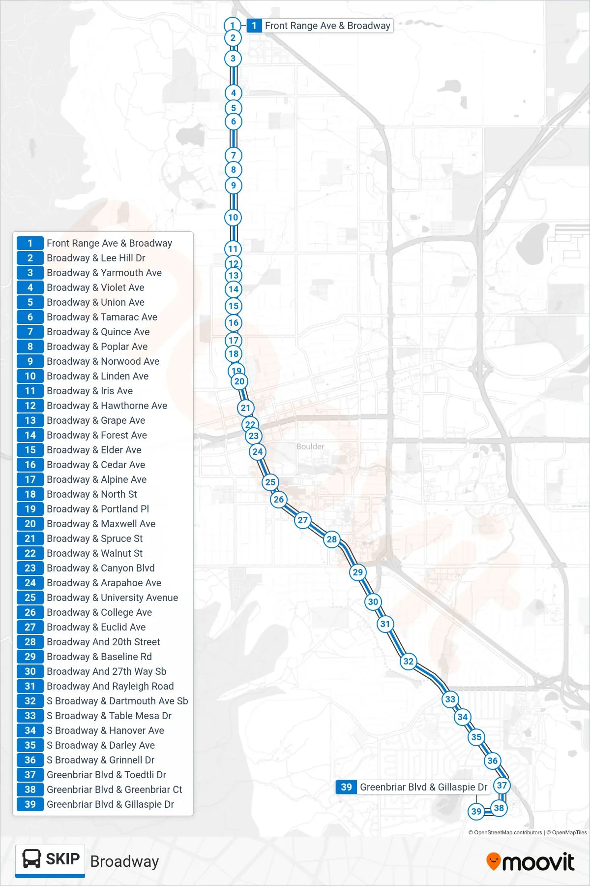 SKIP bus Line (Fairview Hs Via Broadway) route and stops on a map
