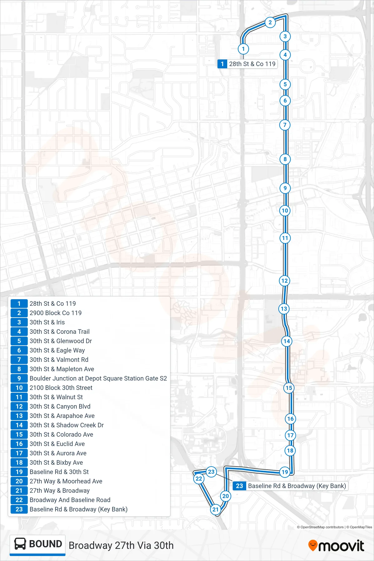 BOUND bus Line (Broadway 27th Via 30th) route and stops on a map