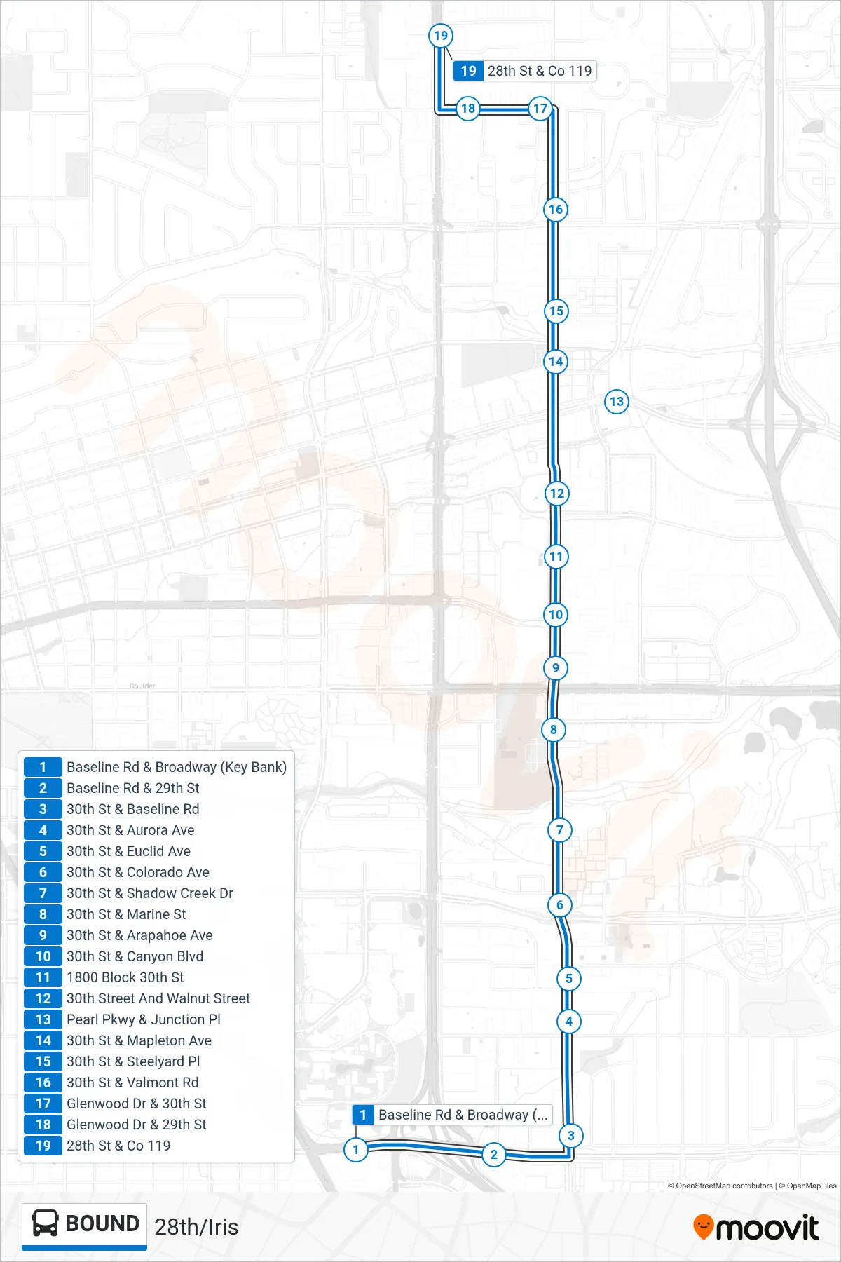 BOUND bus Line (28th/Iris) route and stops on a map