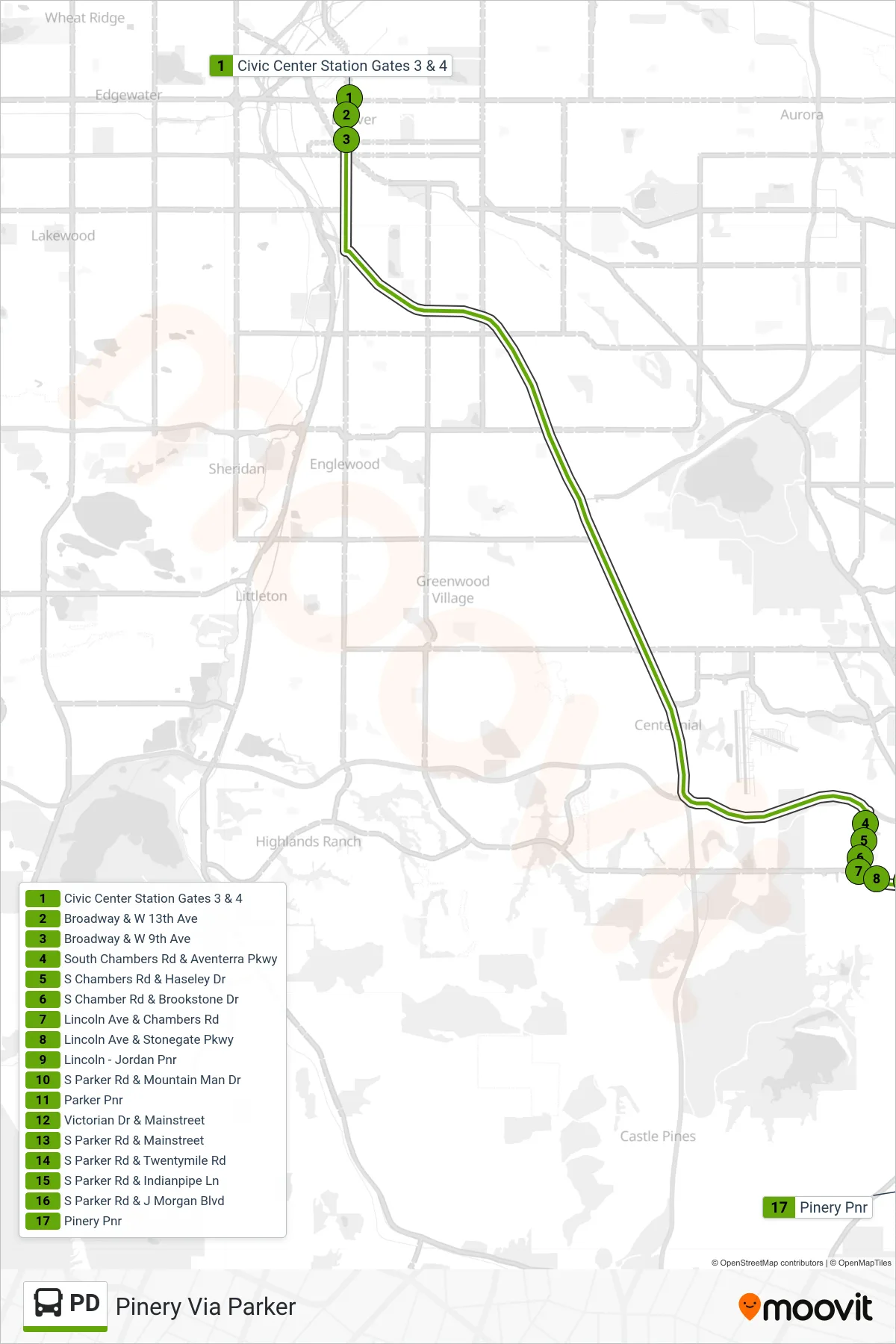 PD bus Line (Pinery Via Parker) route and stops on a map