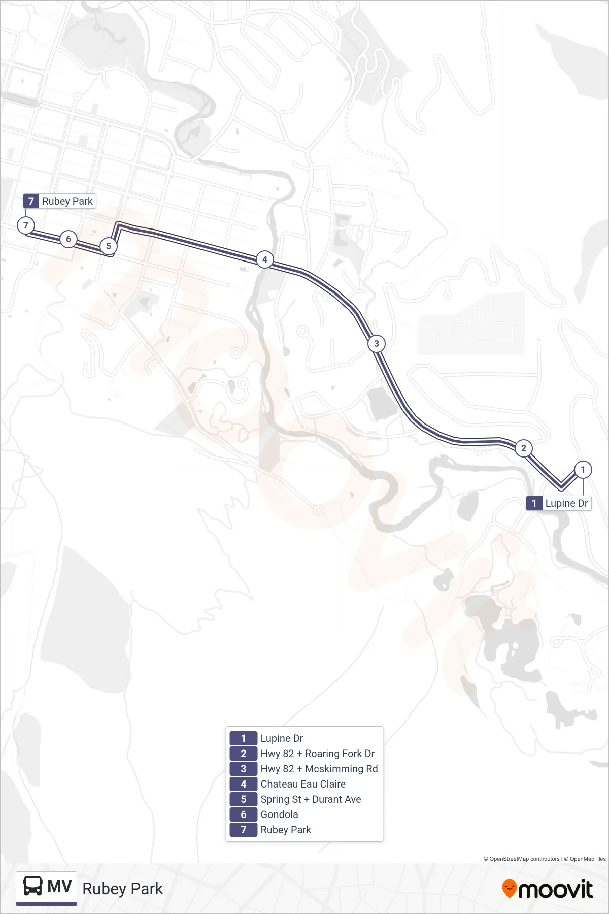 MV bus Line (Rubey Park) route and stops on a map