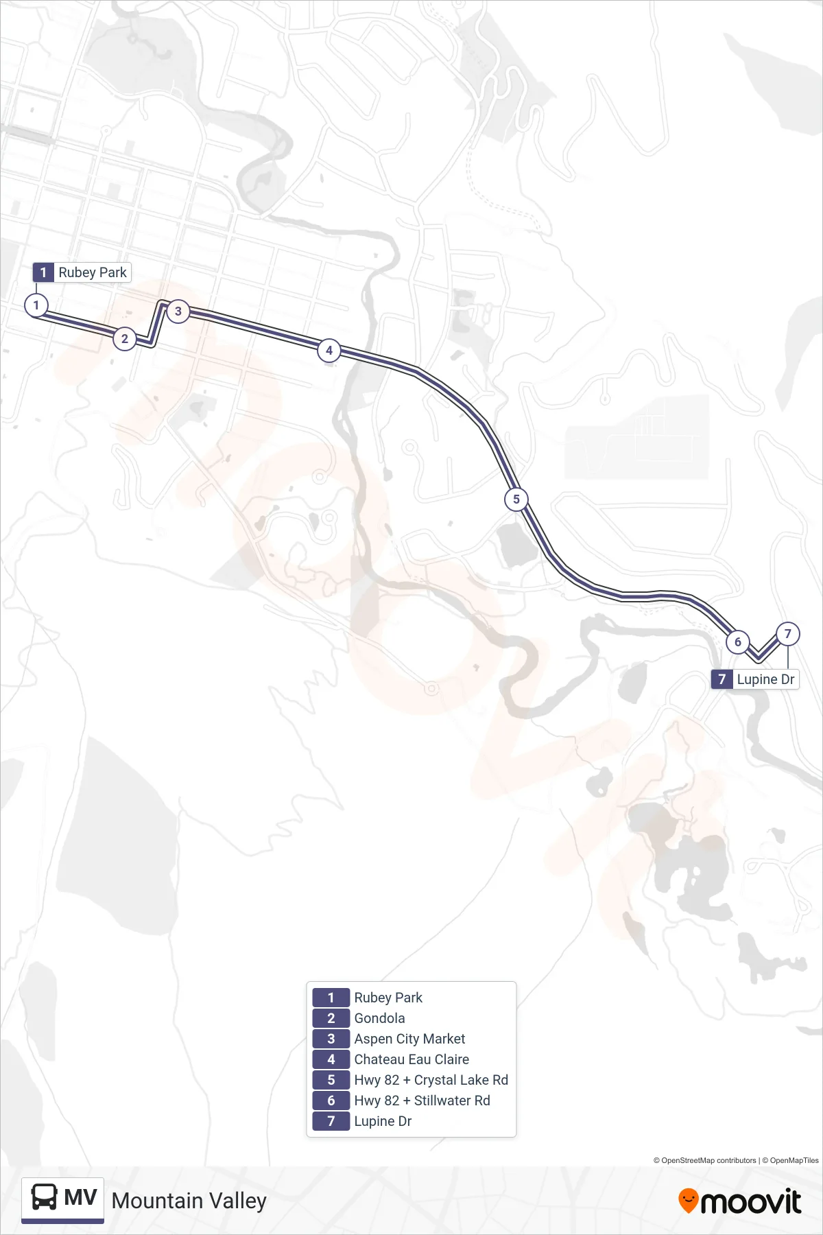 MV bus Line (Mountain Valley) route and stops on a map