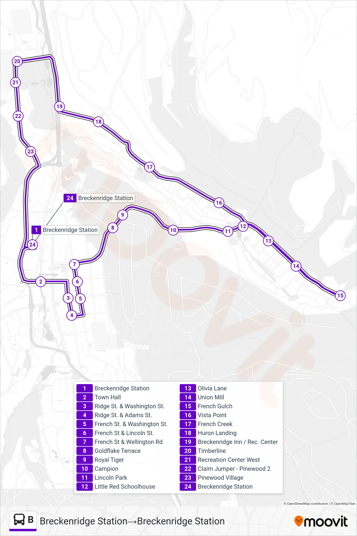 B bus Line (Breckenridge Station‎→Breckenridge Station) route and stops on a map