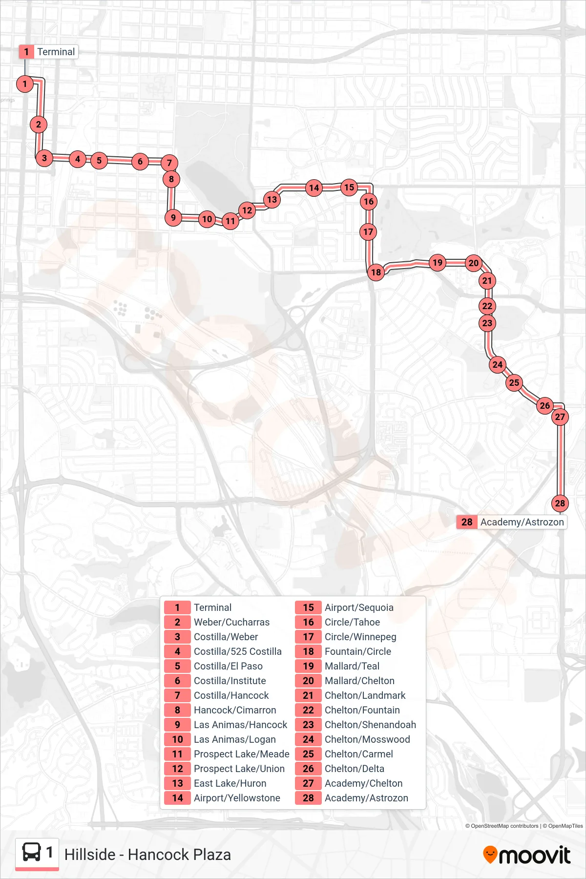 1 bus Line (Depart Downtown To Academy & Astrozon) route and stops on a map