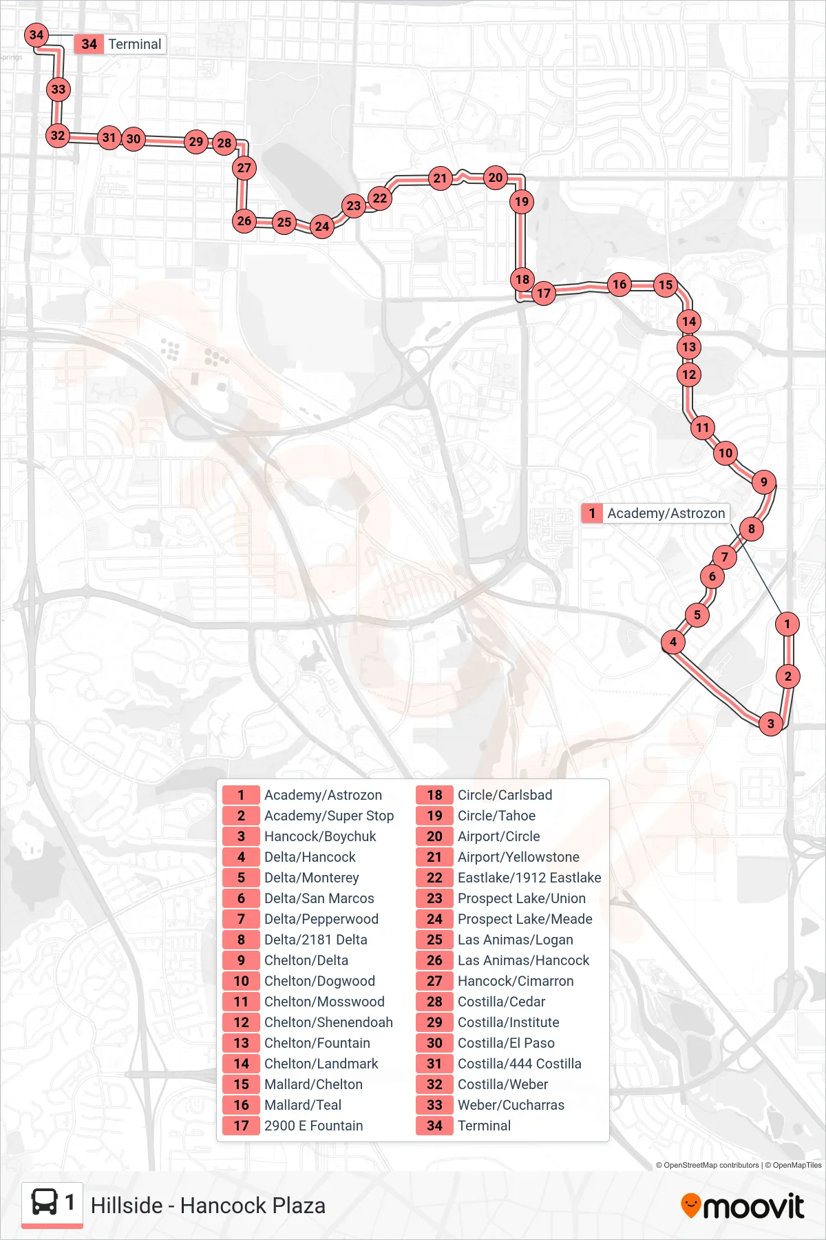 1 bus Line (Arriving Downtown) route and stops on a map