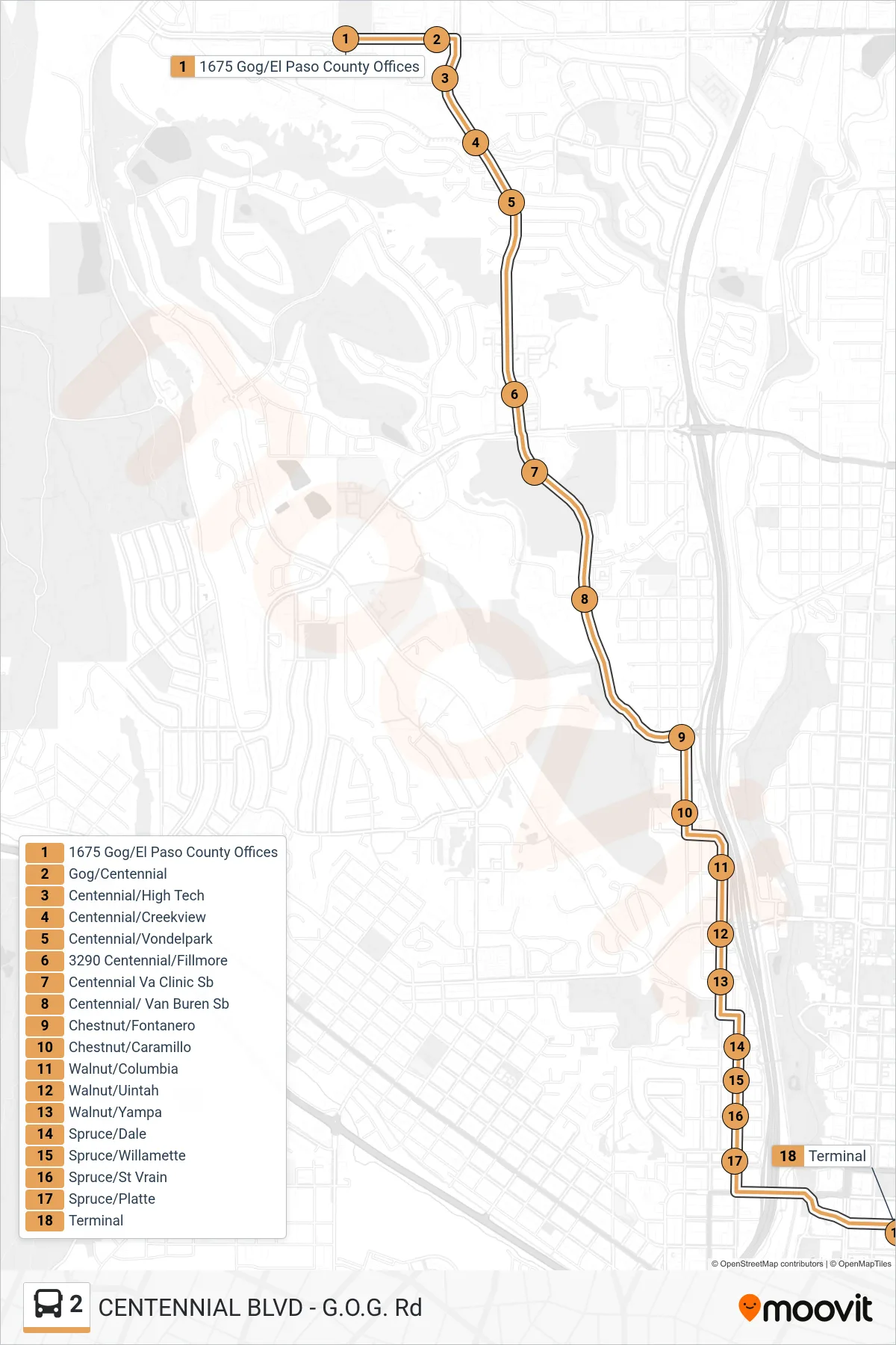 2 bus Line (Arriving Downtown) route and stops on a map