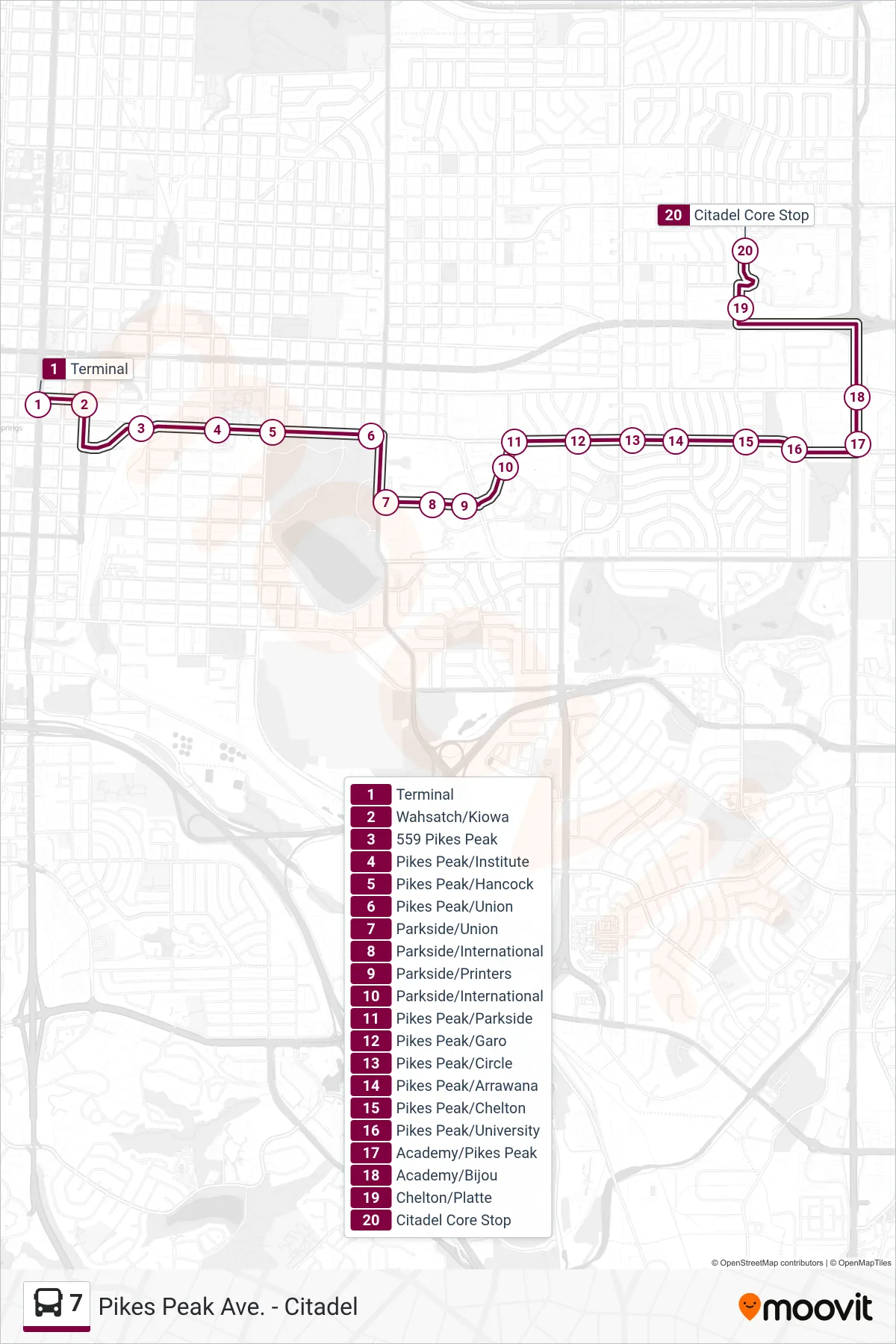 7 bus Line (Depart Downtown - Arrive Citadel Sb) route and stops on a map