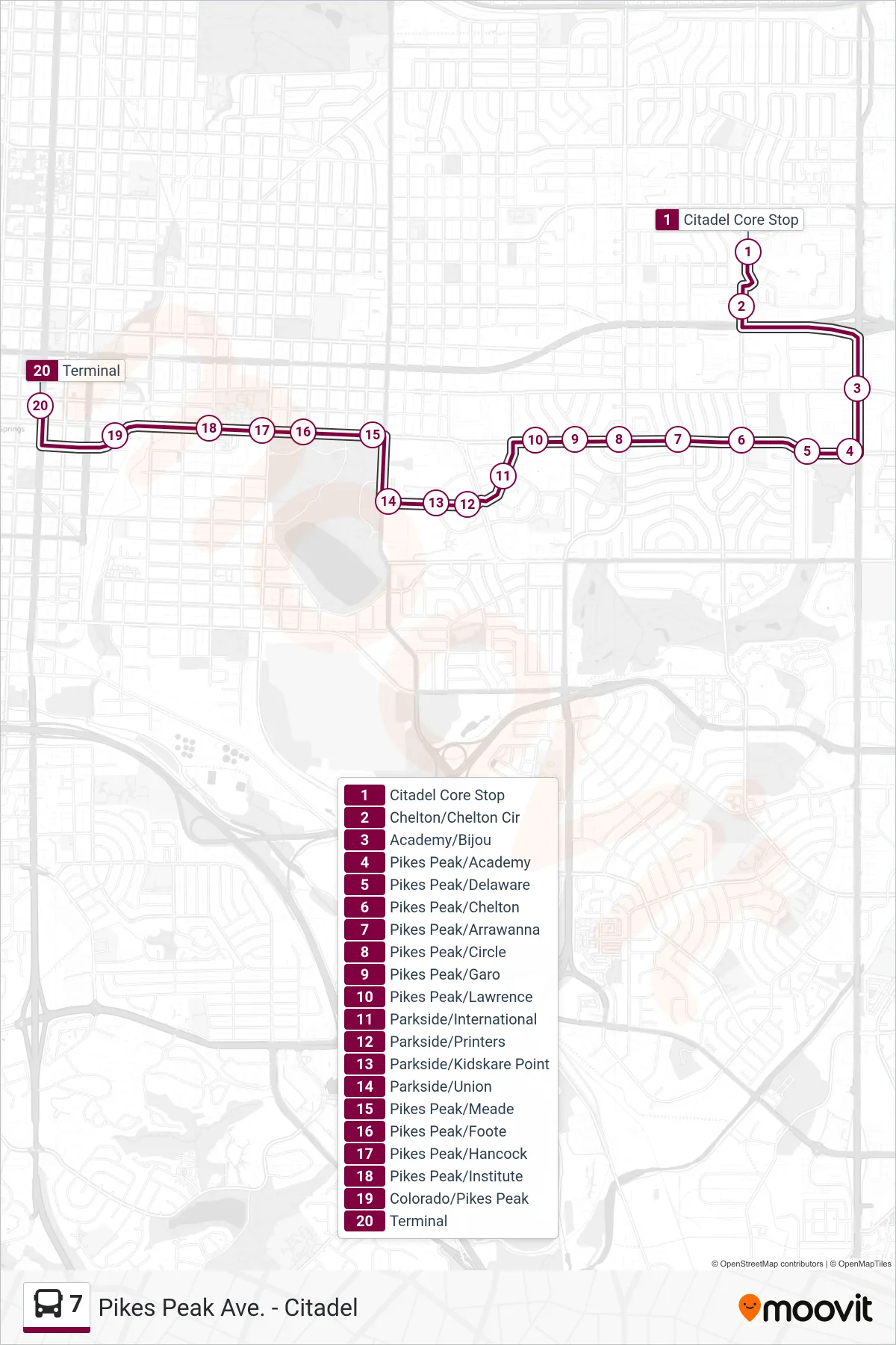 7 bus Line (Depart Citadel - Arrive Downtown) route and stops on a map