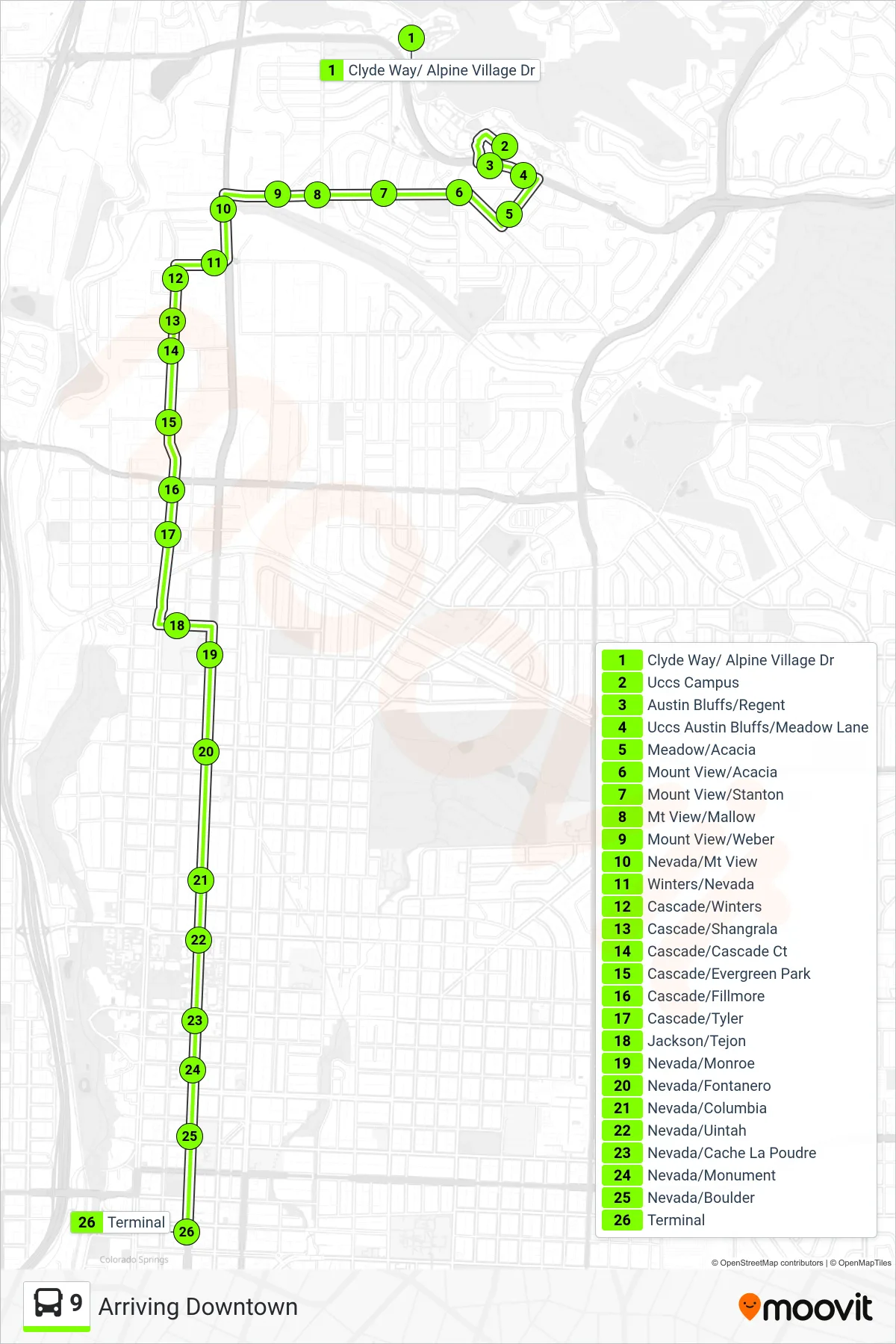 9 bus Line (Arriving Downtown) route and stops on a map