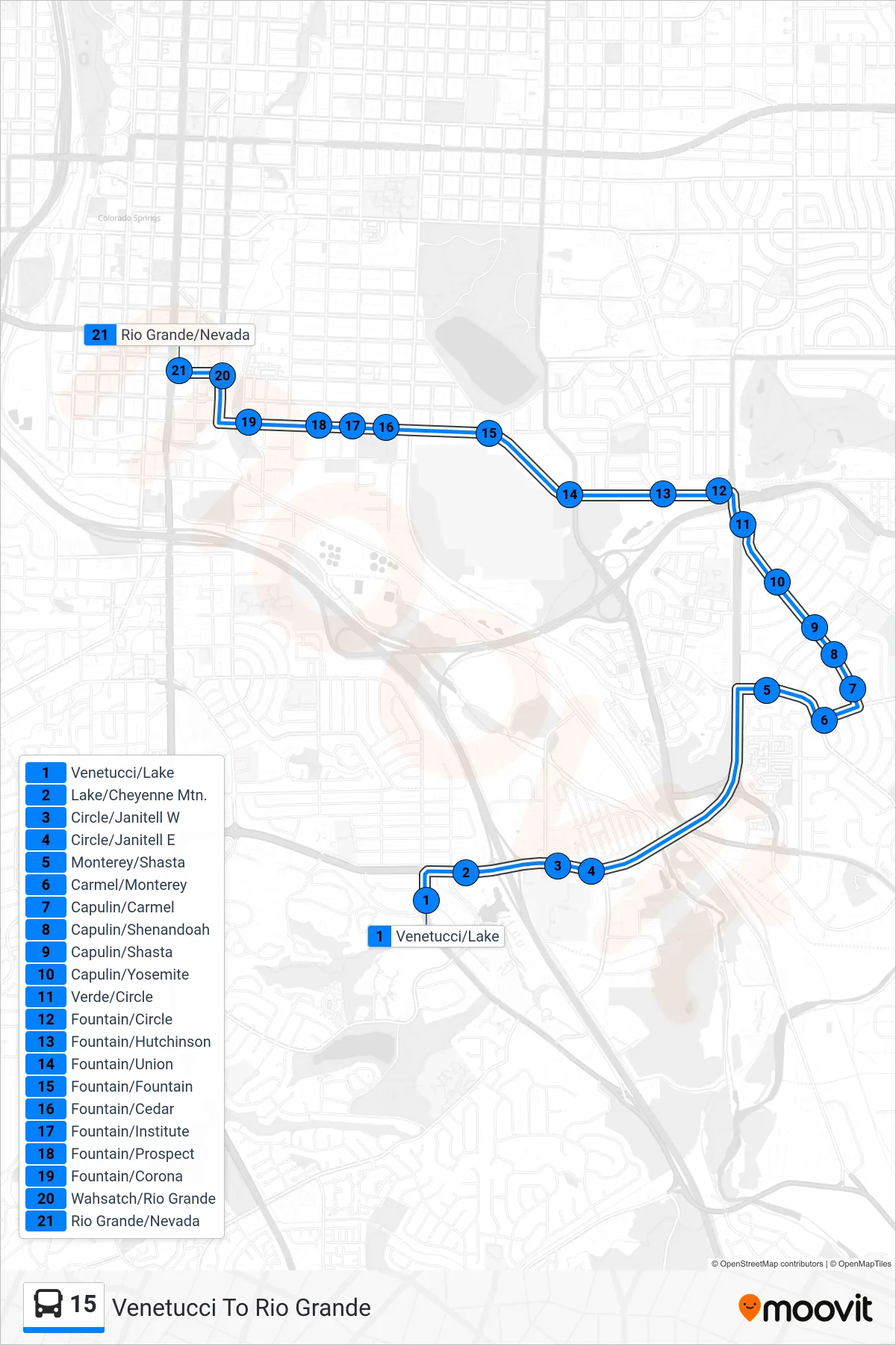 15 bus Line (Venetucci To Rio Grande) route and stops on a map