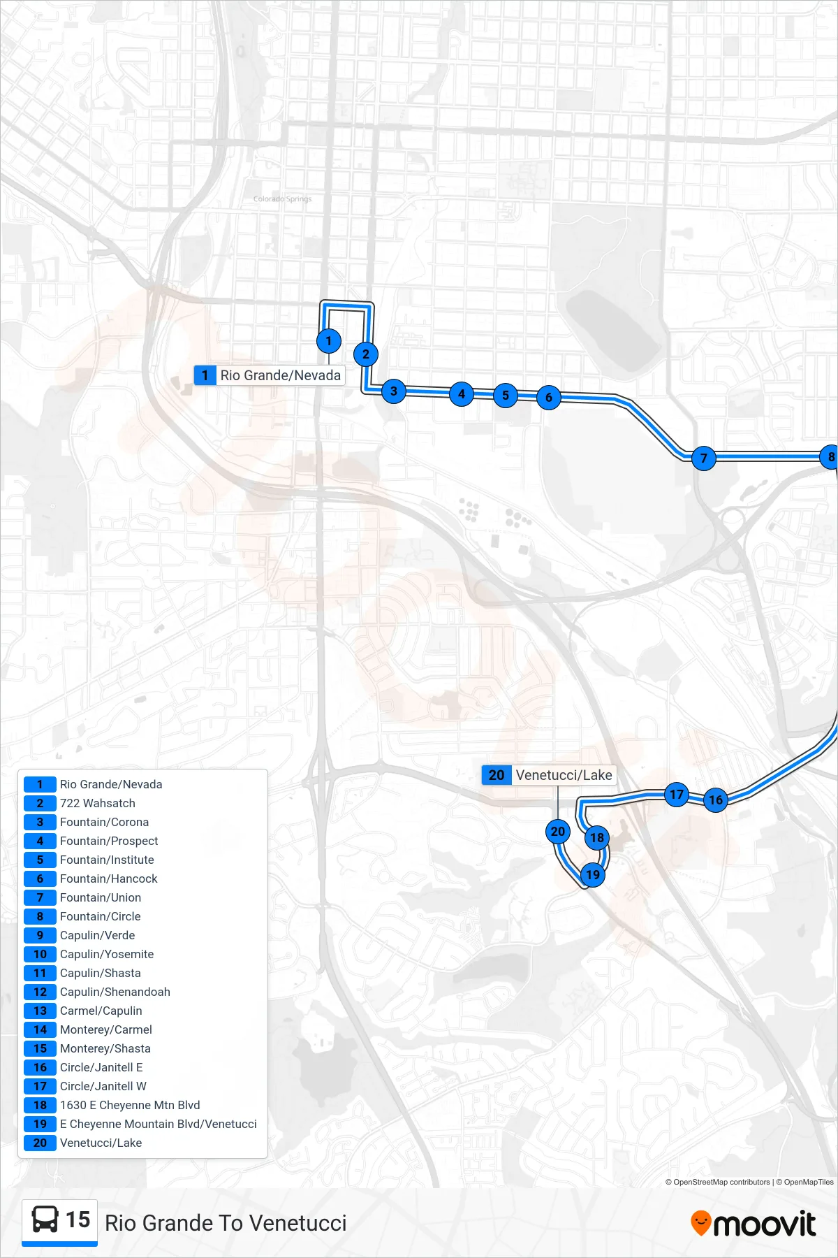 15 bus Line (Rio Grande To Venetucci) route and stops on a map