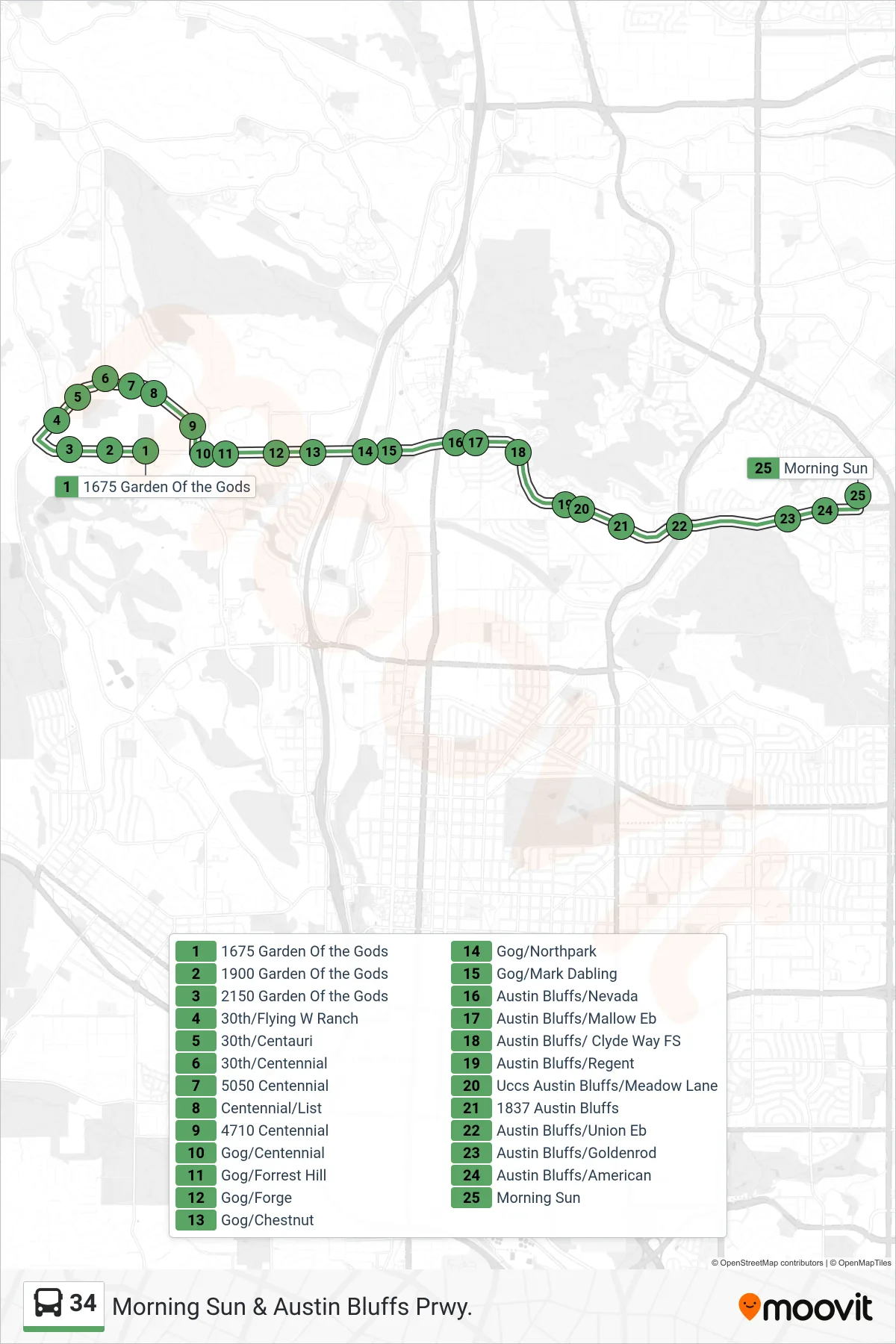 34 bus Line (Morning Sun & Austin Bluffs Prwy.) route and stops on a map