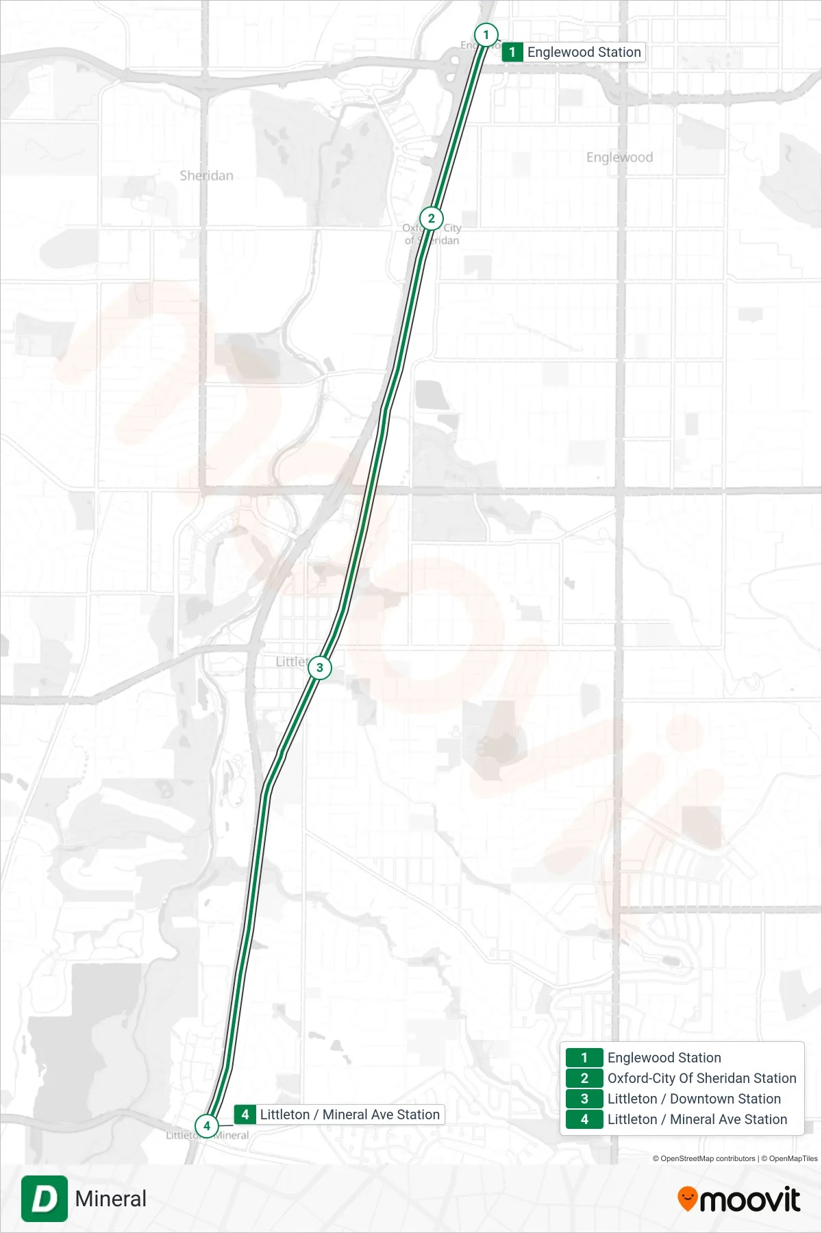 D tram Line (Mineral) route and stops on a map