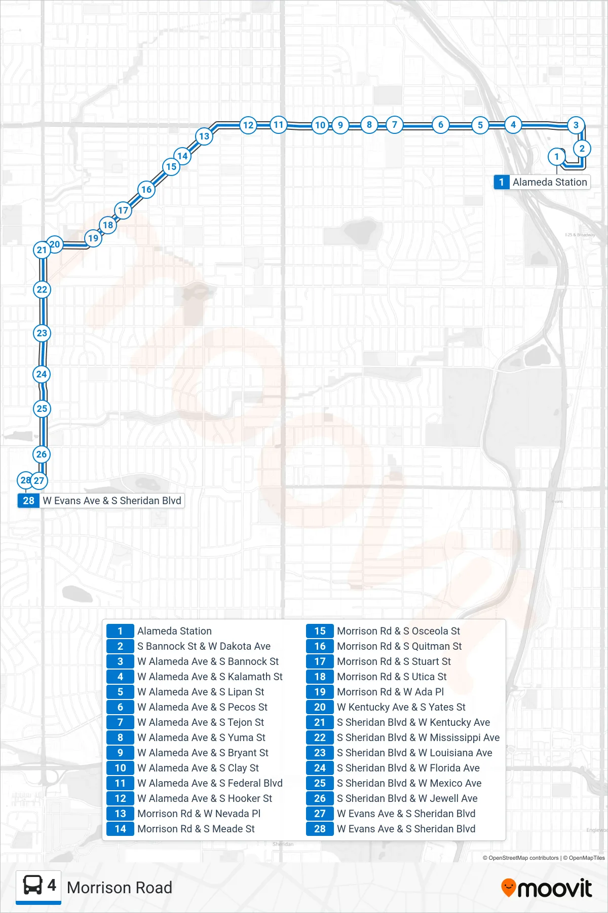 4 bus Line (Evans) route and stops on a map
